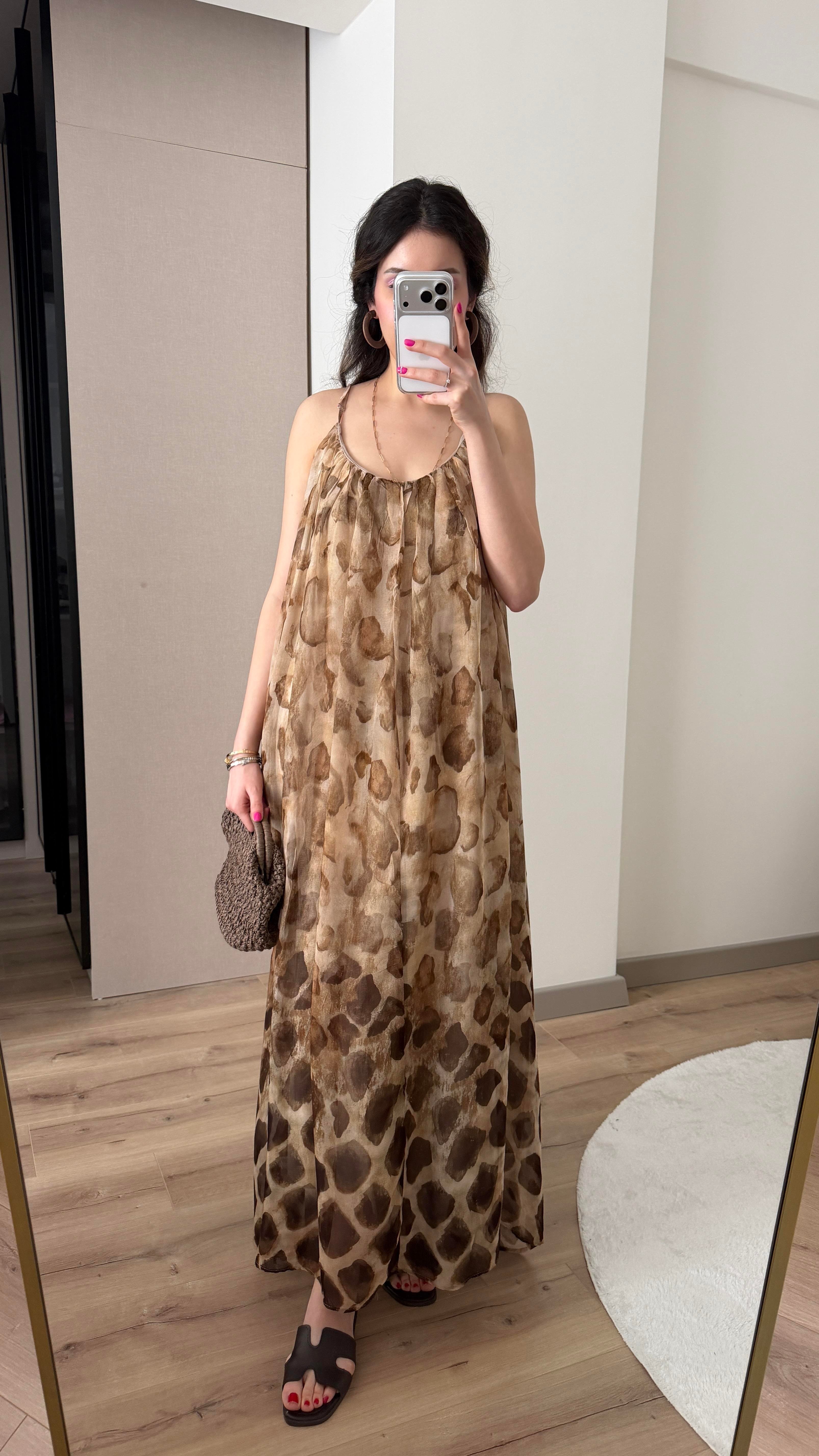 LEOPAR DESENLİ İP ASKILI PREMİUM ELBİSE
