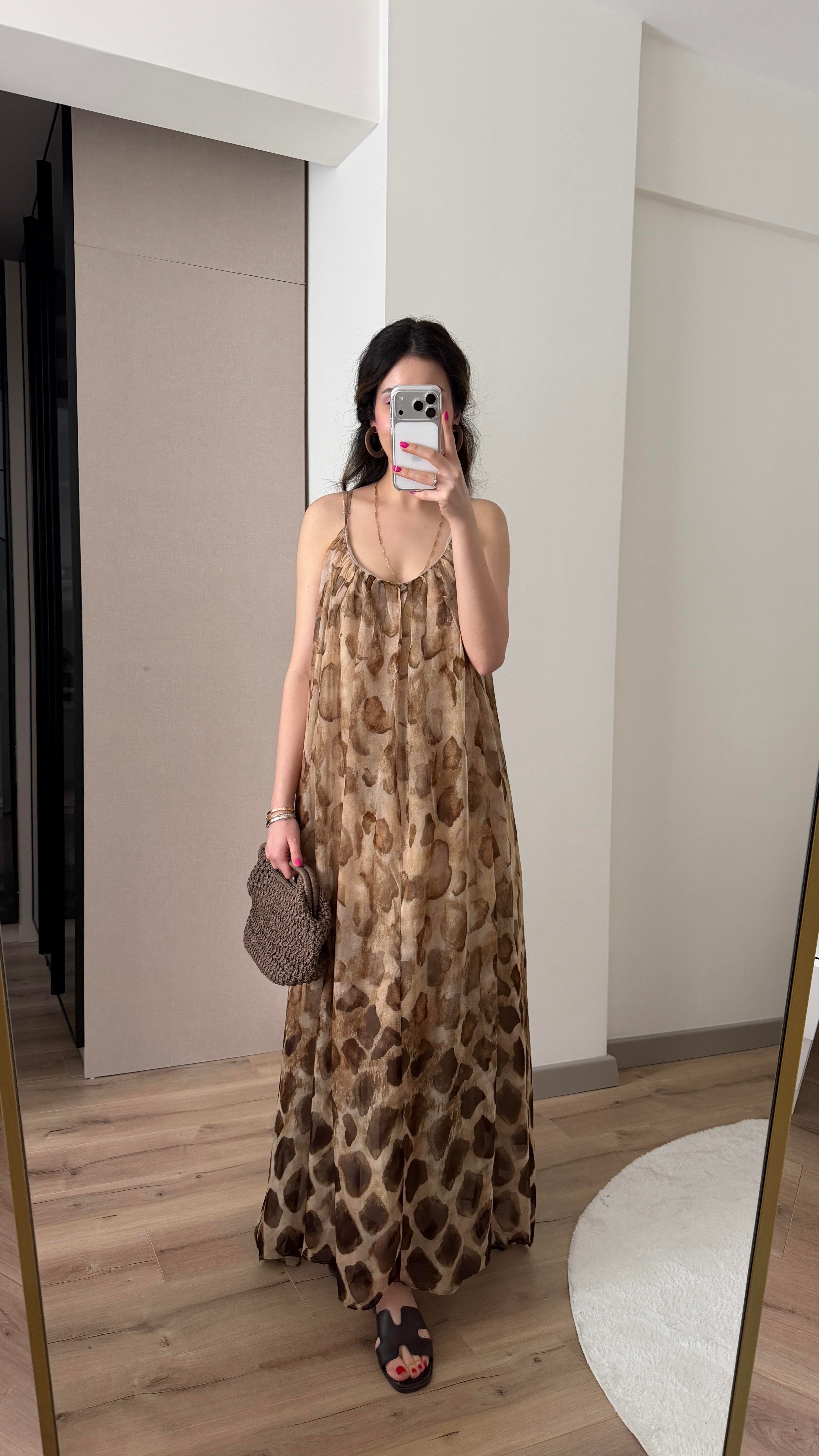 LEOPAR DESENLİ İP ASKILI PREMİUM ELBİSE