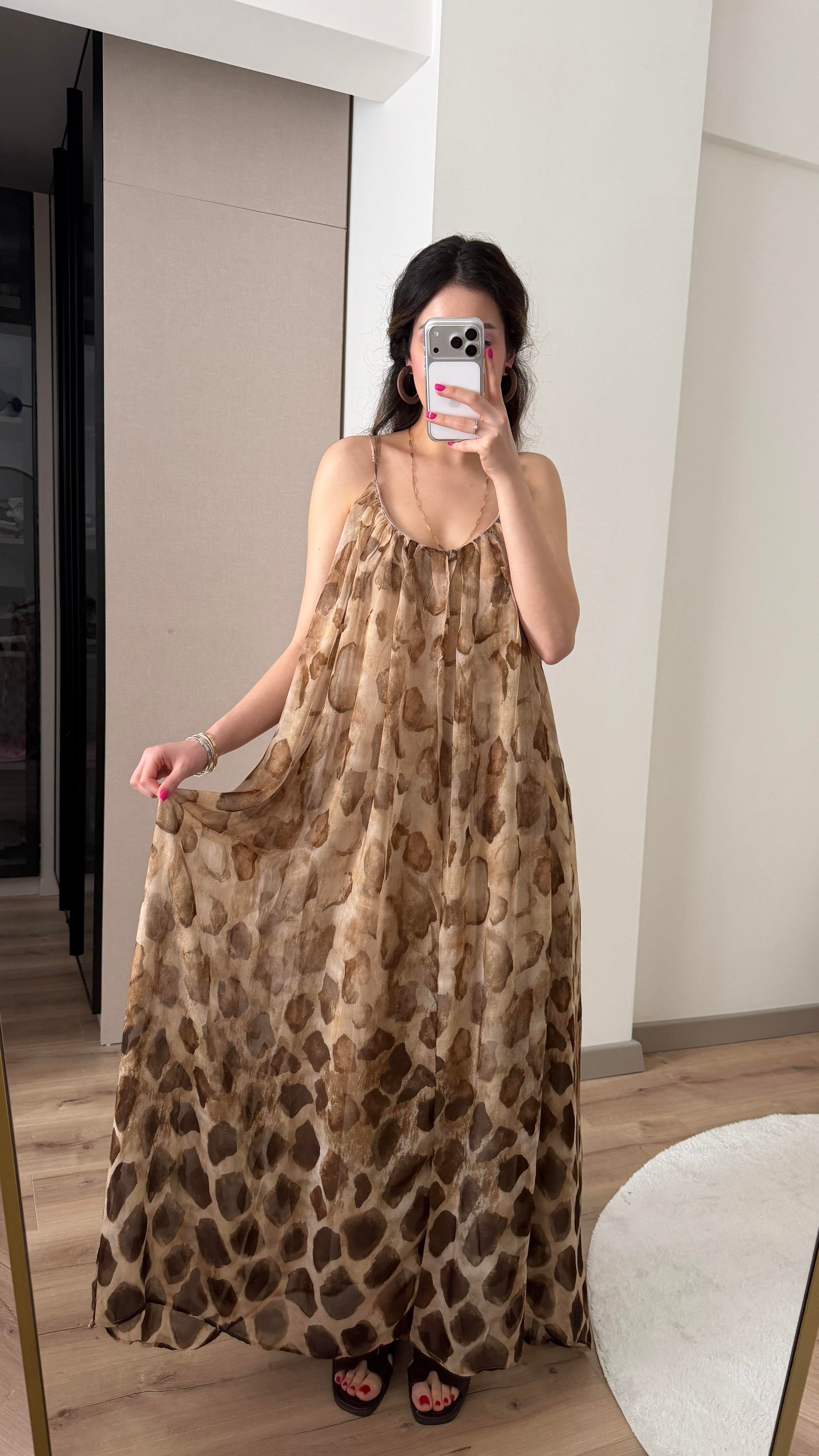 LEOPAR DESENLİ İP ASKILI PREMİUM ELBİSE