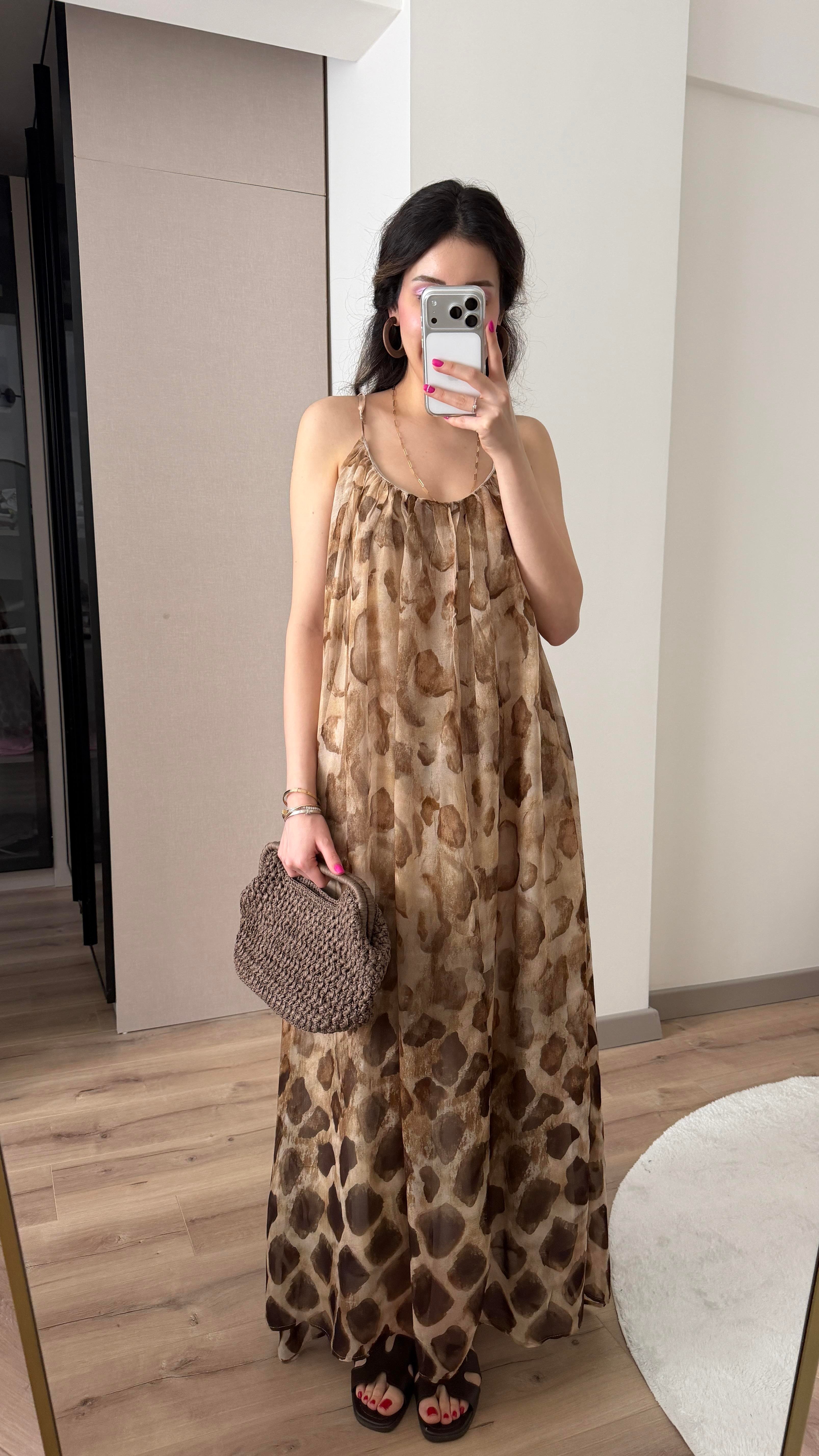 LEOPAR DESENLİ İP ASKILI PREMİUM ELBİSE