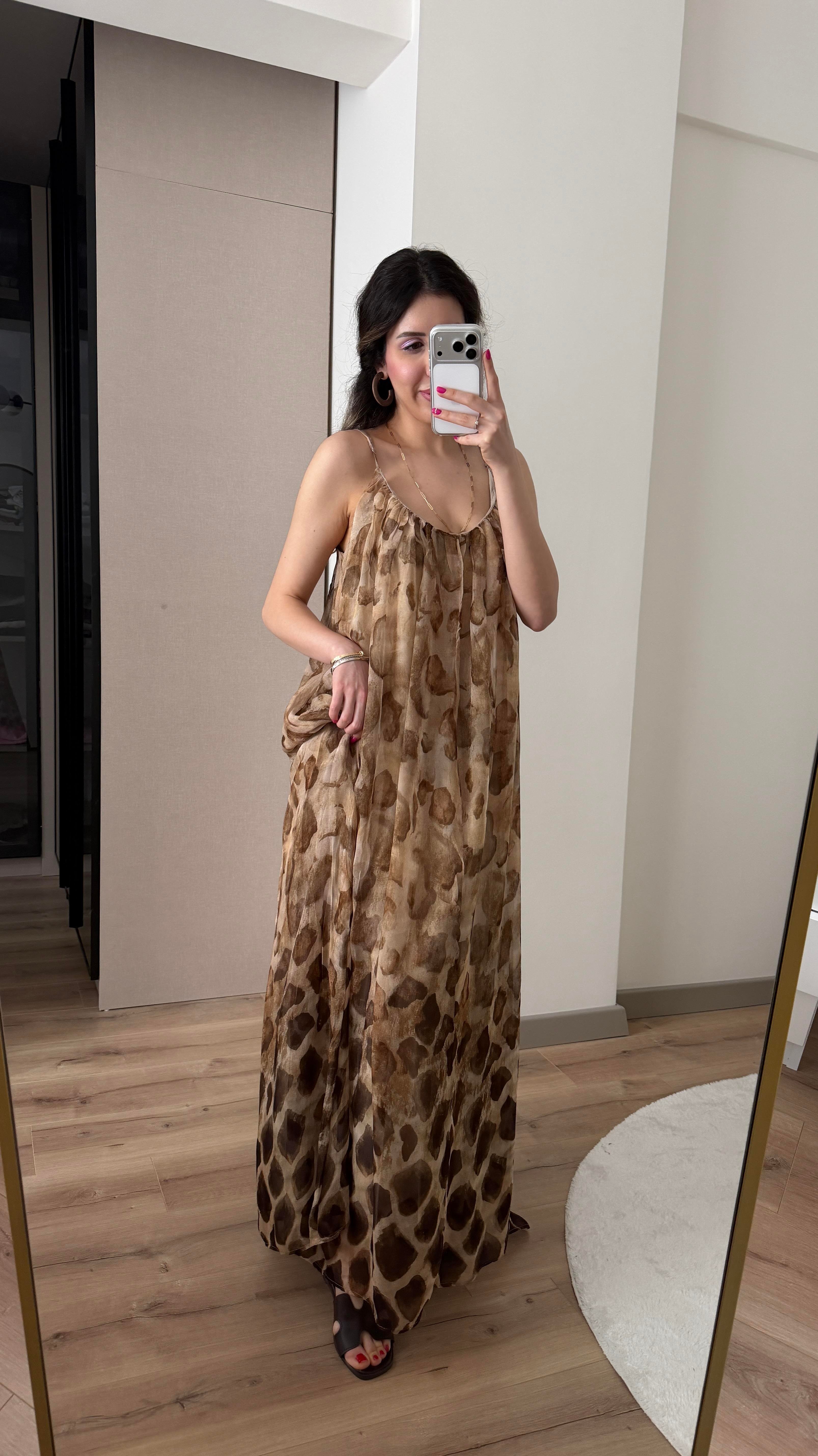 LEOPAR DESENLİ İP ASKILI PREMİUM ELBİSE