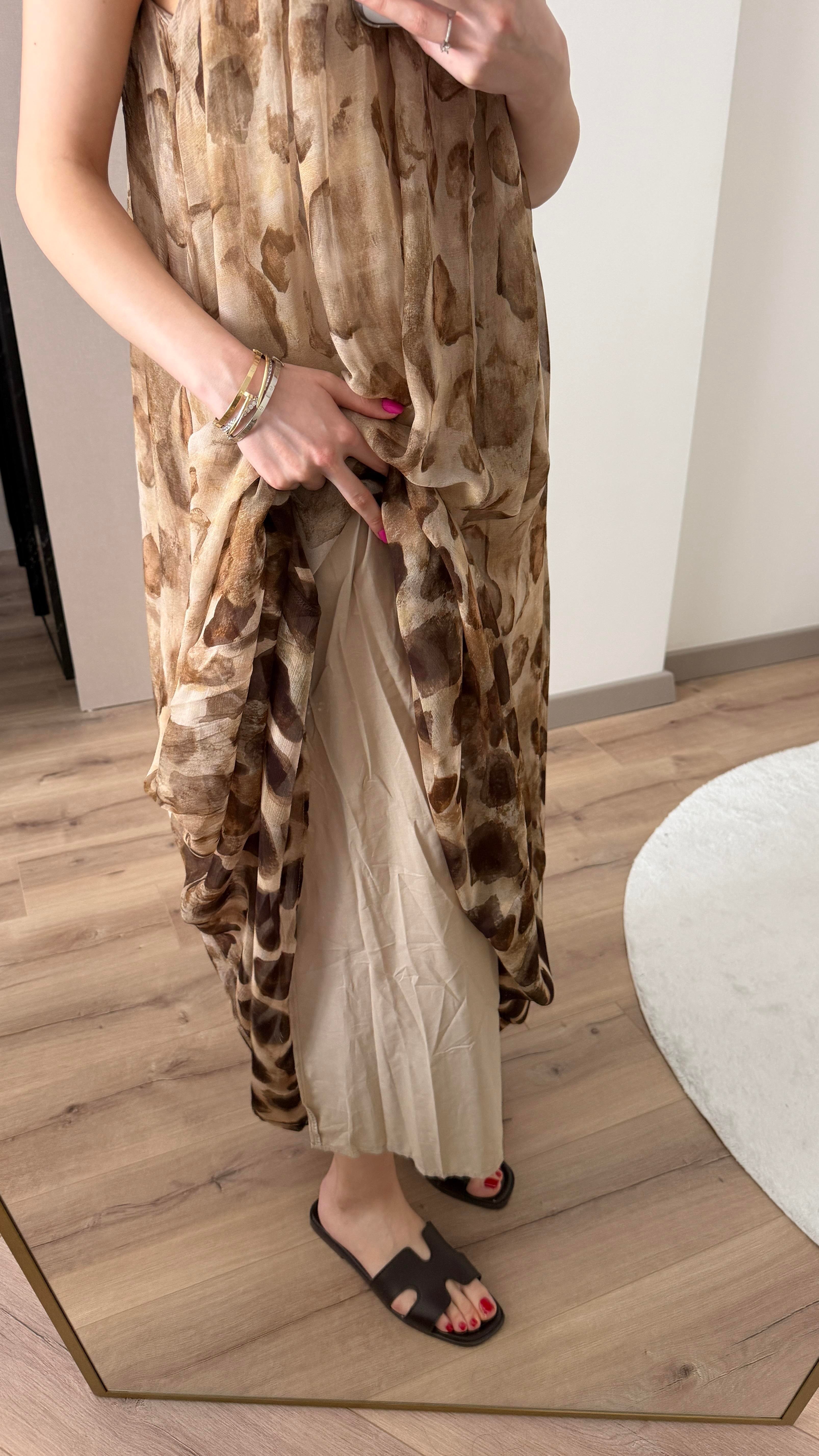 LEOPAR DESENLİ İP ASKILI PREMİUM ELBİSE