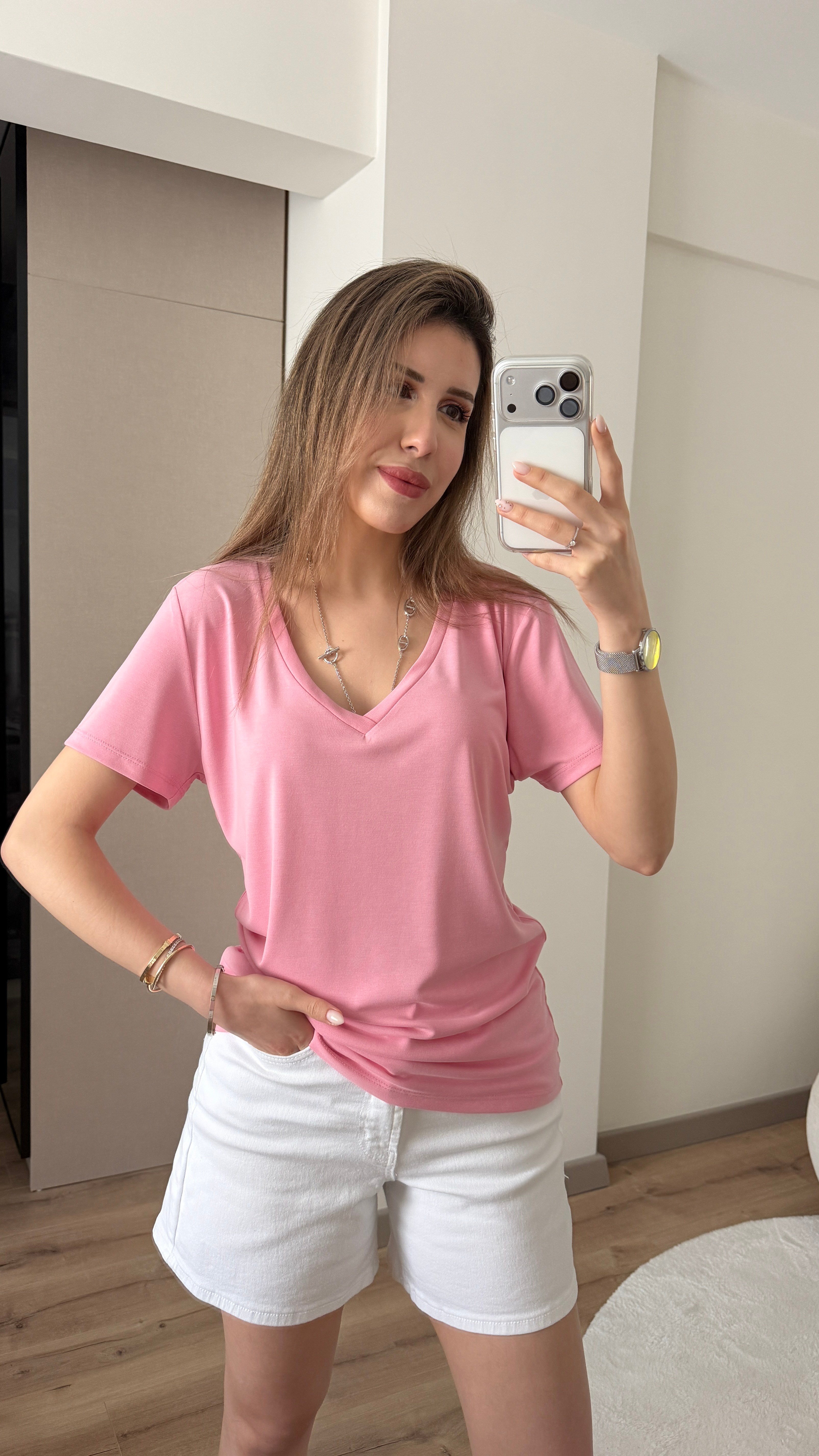 MODAL KUMAŞ V YAKA PEMBE TİŞÖRT