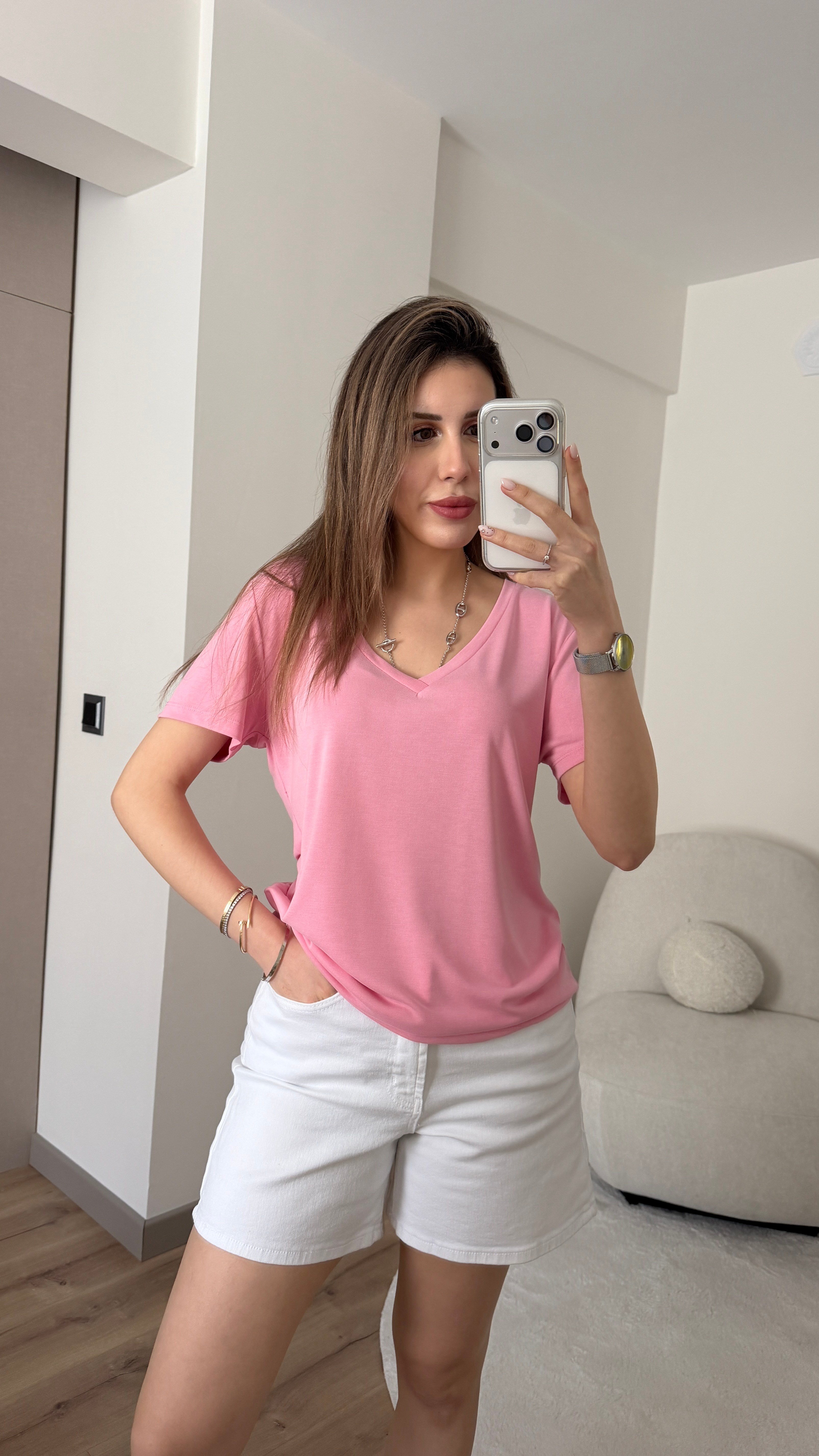 MODAL KUMAŞ V YAKA PEMBE TİŞÖRT