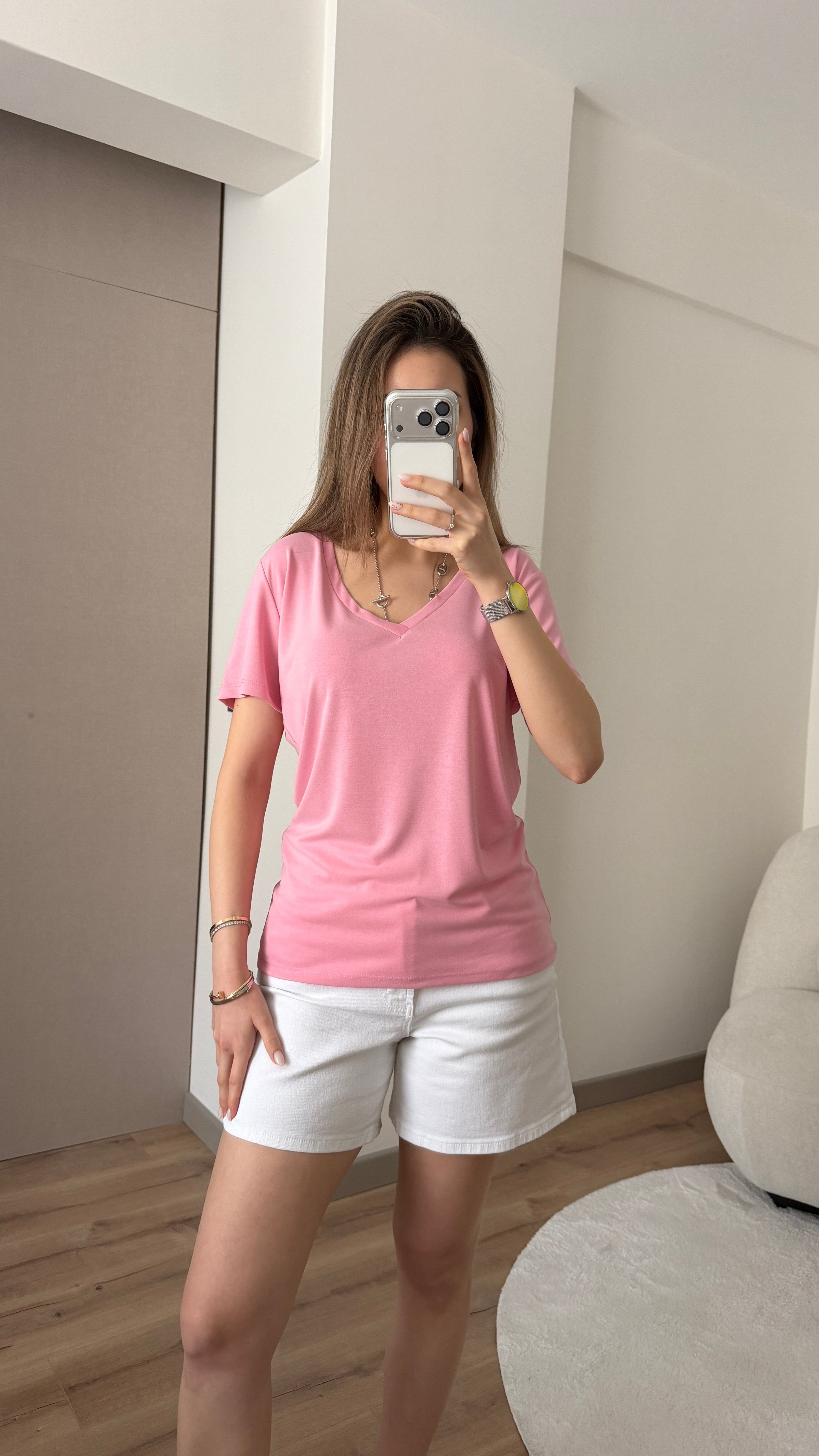MODAL KUMAŞ V YAKA PEMBE TİŞÖRT