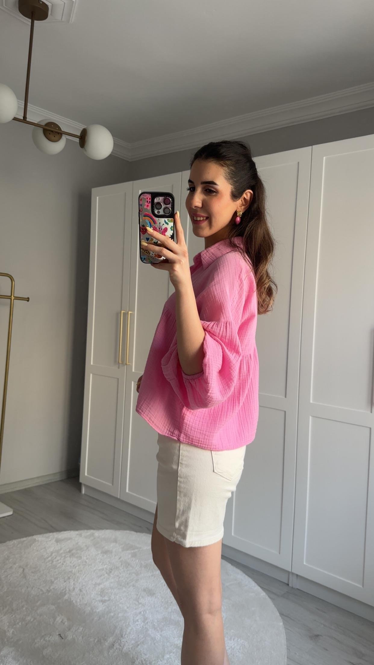 MÜSLİN KUMAŞ YARIM KOLLU PEMBE GÖMLEK