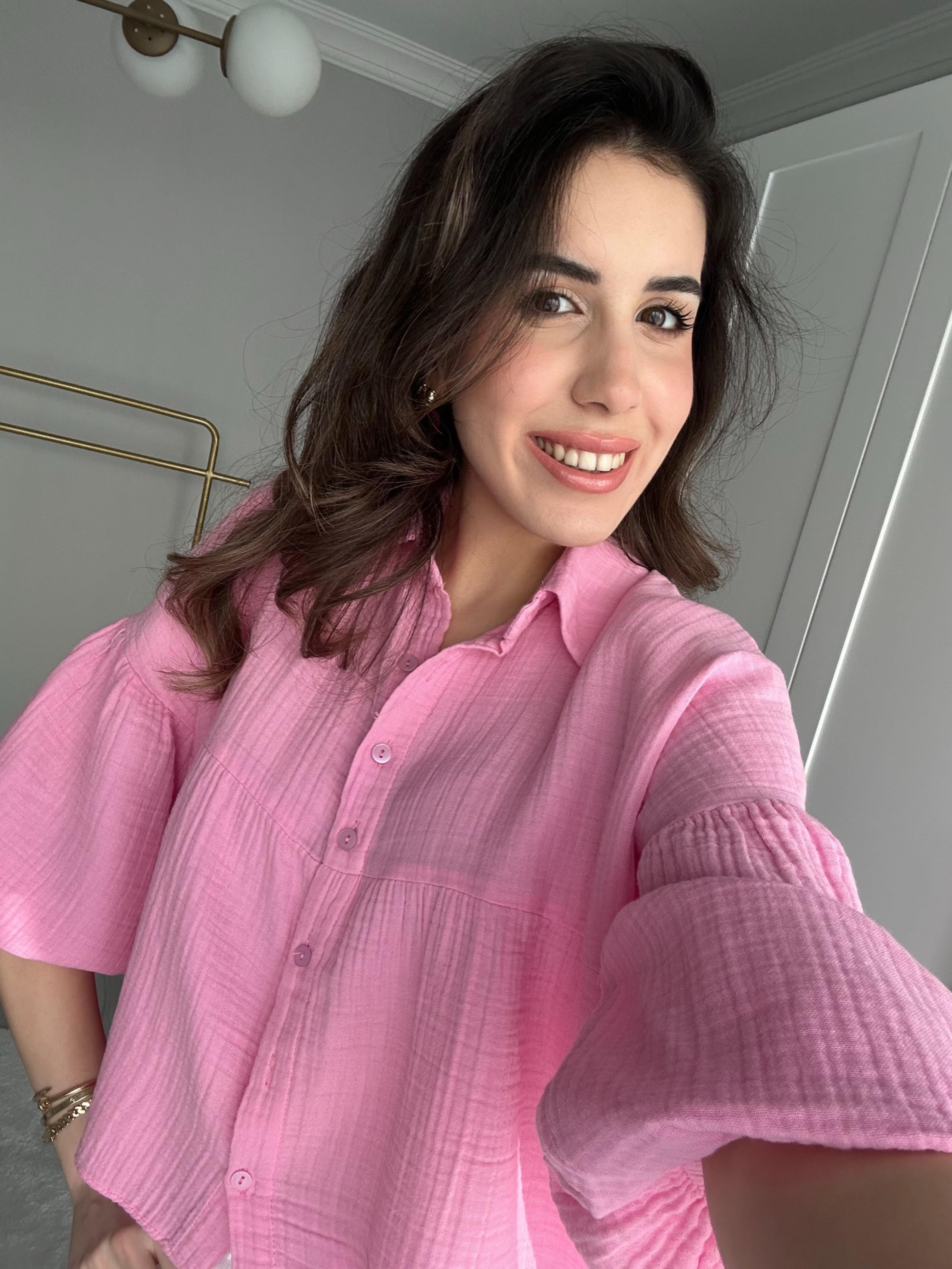 MÜSLİN KUMAŞ YARIM KOLLU PEMBE GÖMLEK