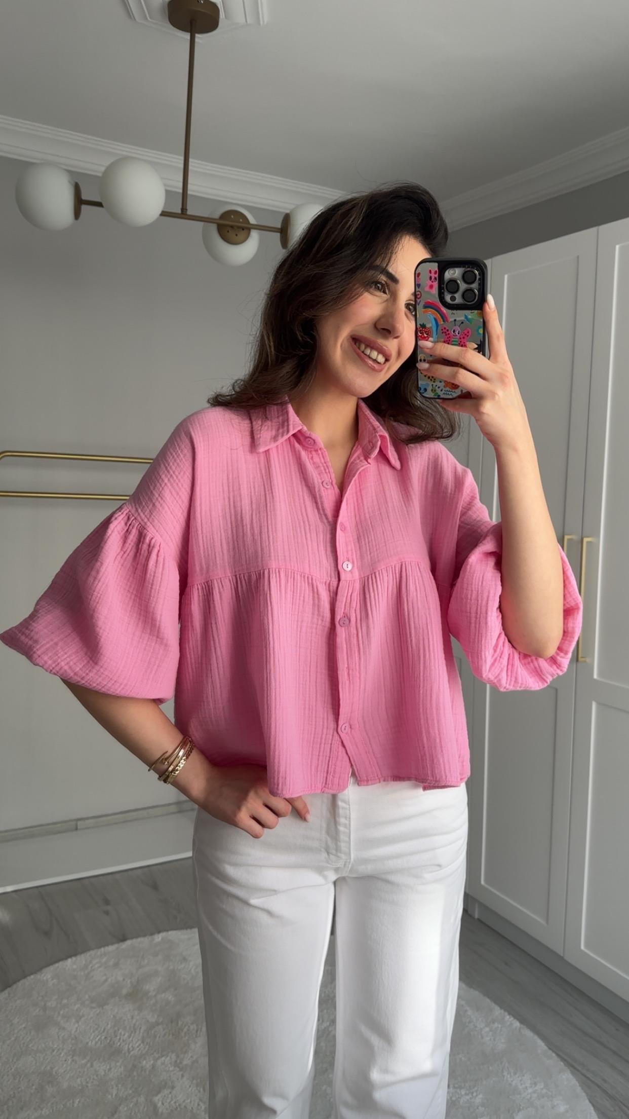 MÜSLİN KUMAŞ YARIM KOLLU PEMBE GÖMLEK