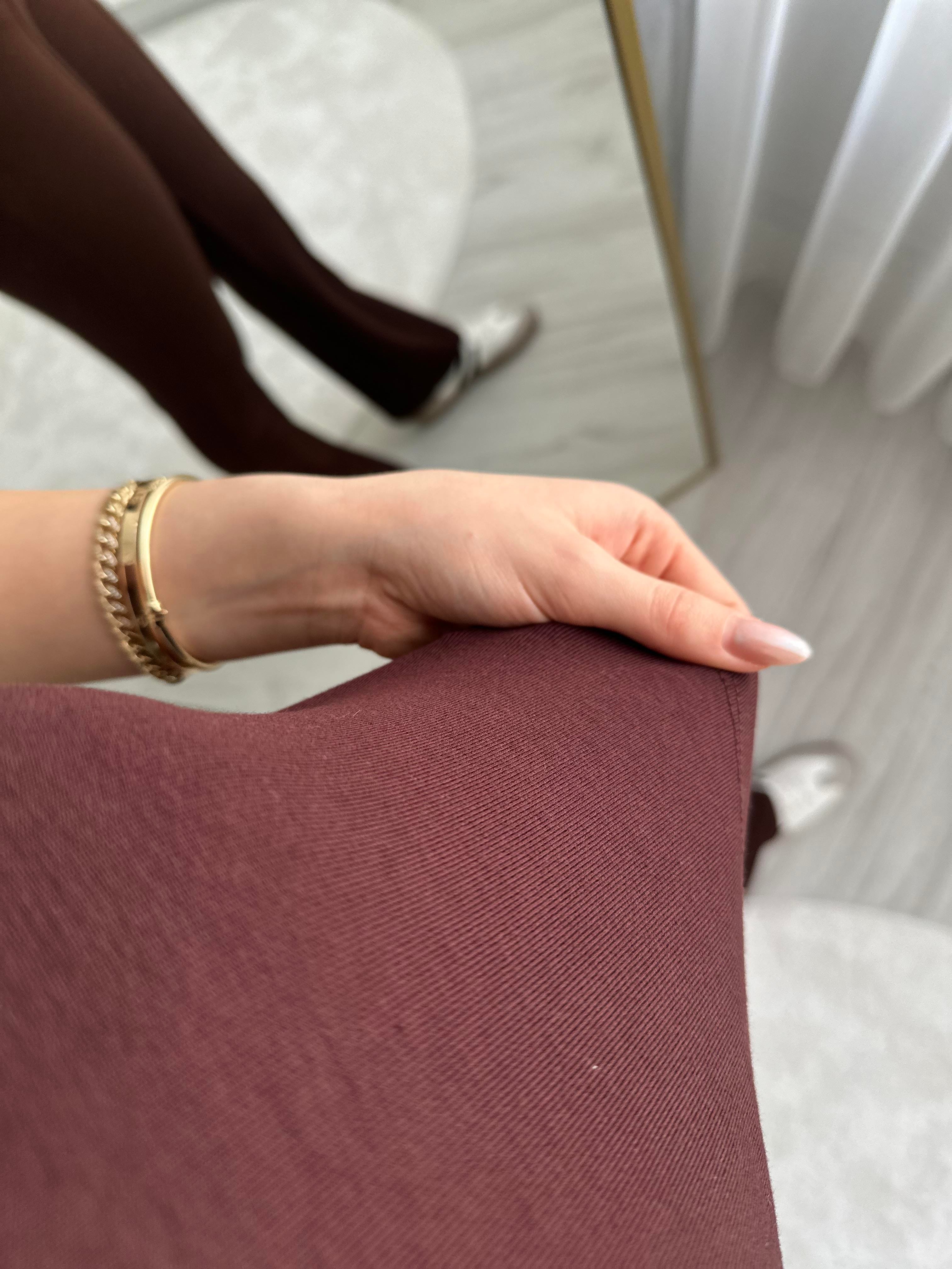 OYS KUMAŞ LİKRALI KAHVERENGİ CROP