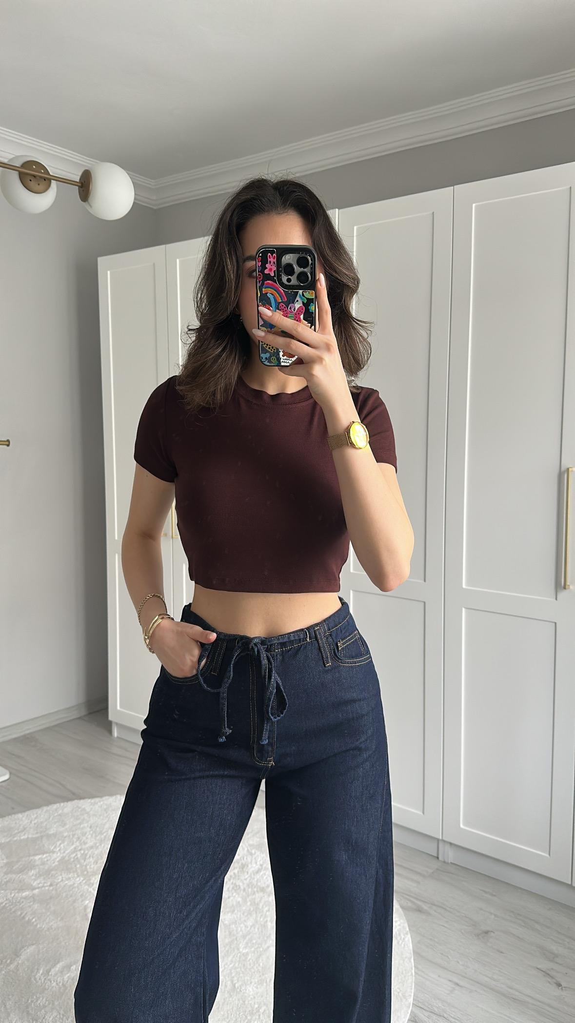 OYS KUMAŞ LİKRALI KAHVERENGİ CROP