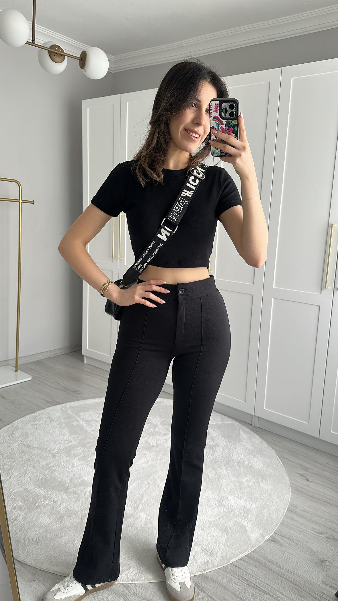 OYS KUMAŞ LİKRALI SİYAH CROP
