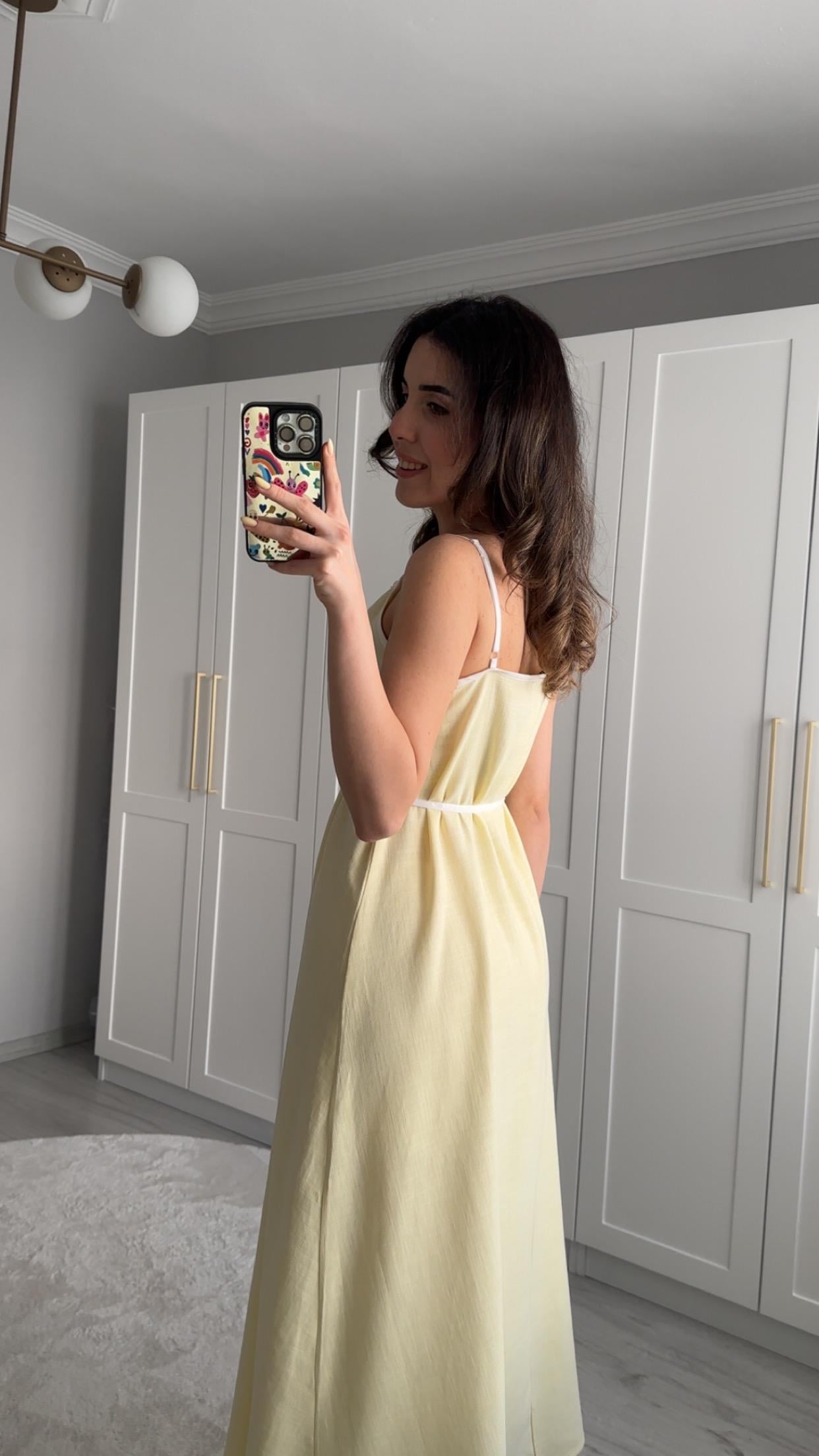 PREMİUM KETEN SARI ELBİSE