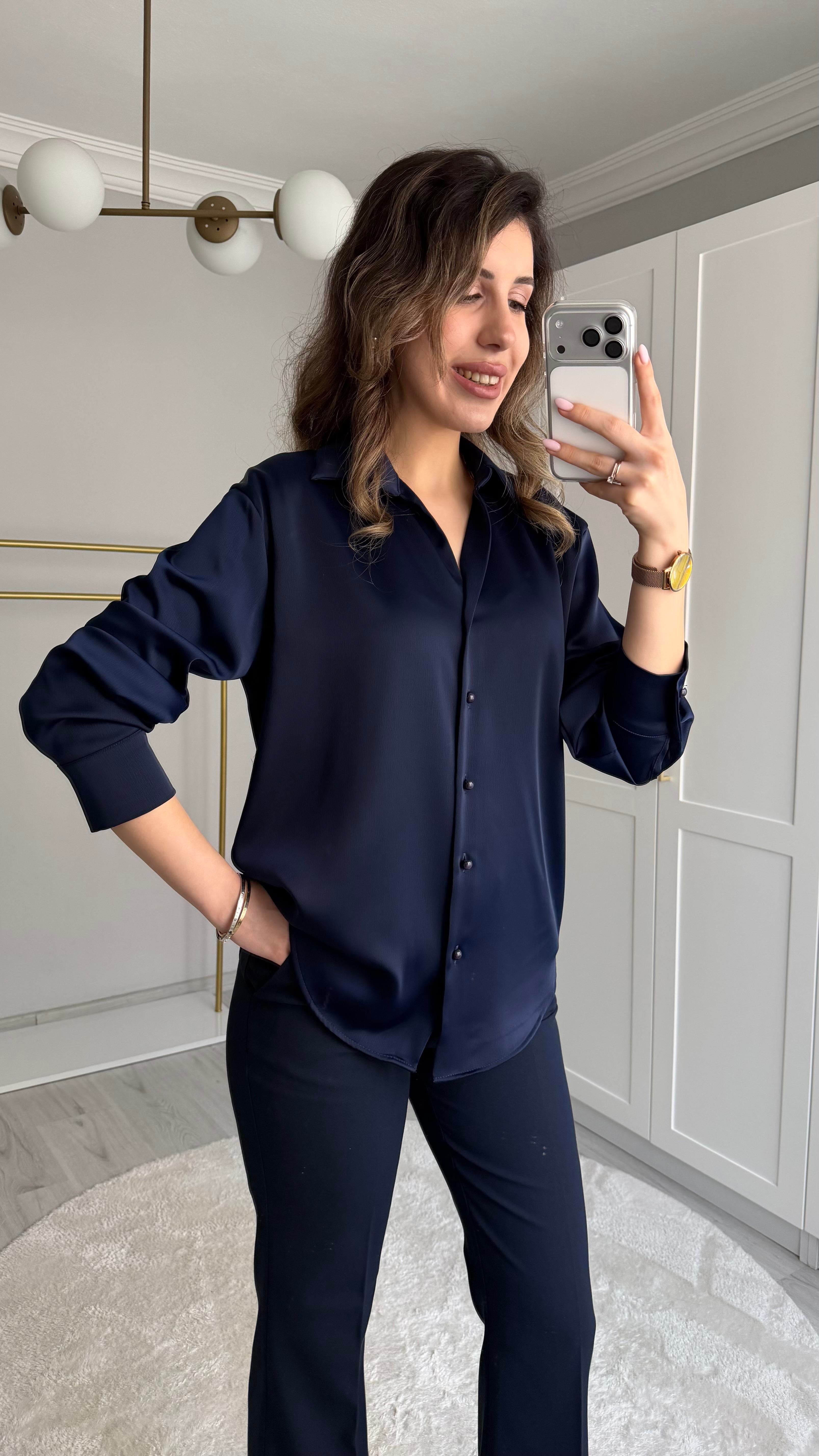 PREMİUM SATEN LACİVERT GÖMLEK