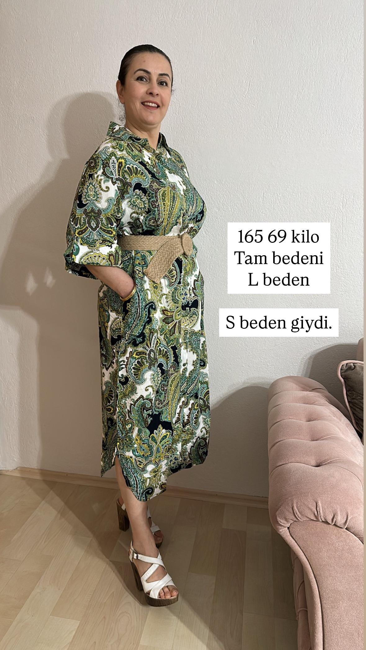 ŞAL DESENLİ YEŞİL GÖMLEK ELBİSE