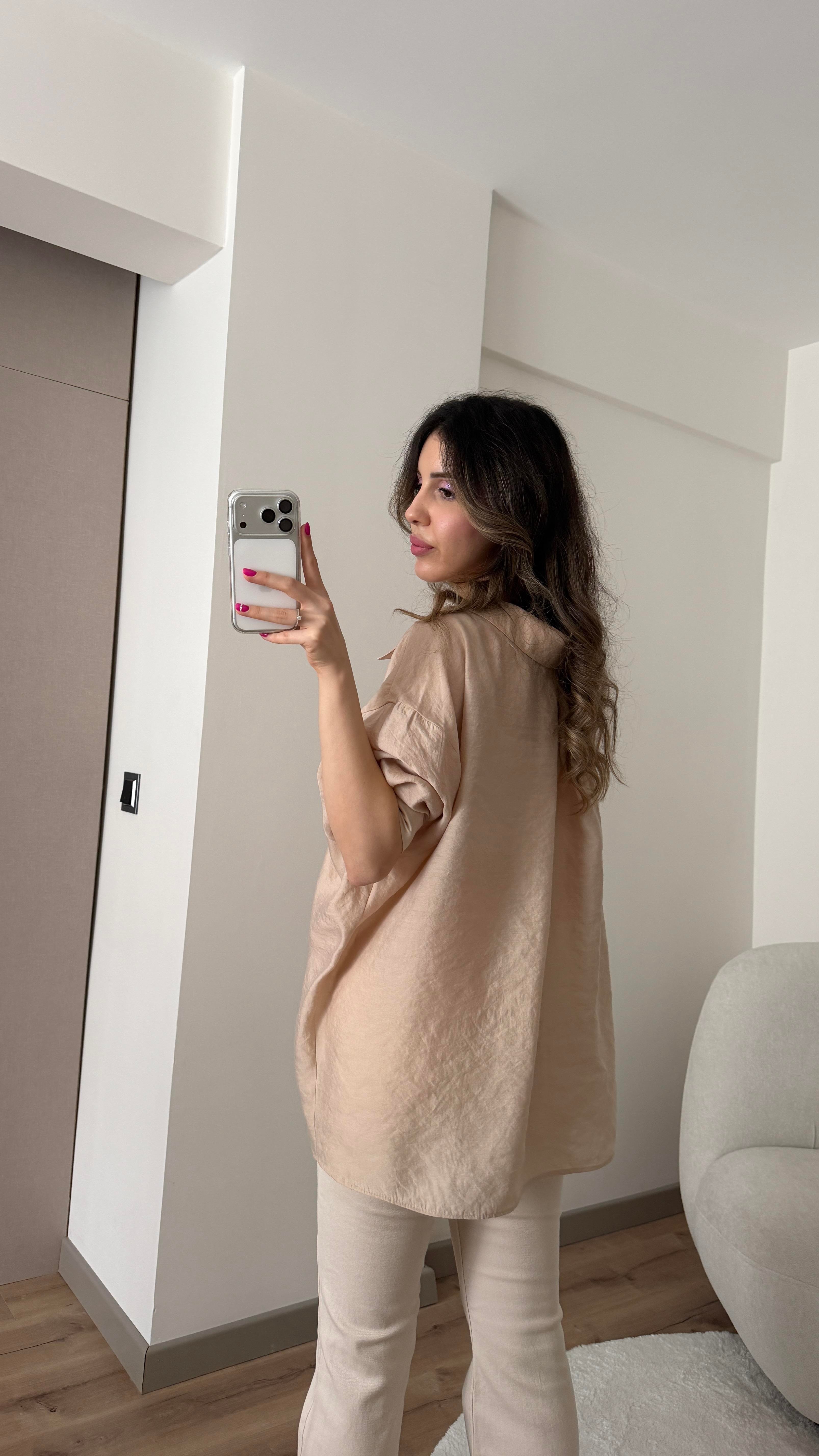 TENSEL KUMAŞ OVERSİZE BEJ GÖMLEK