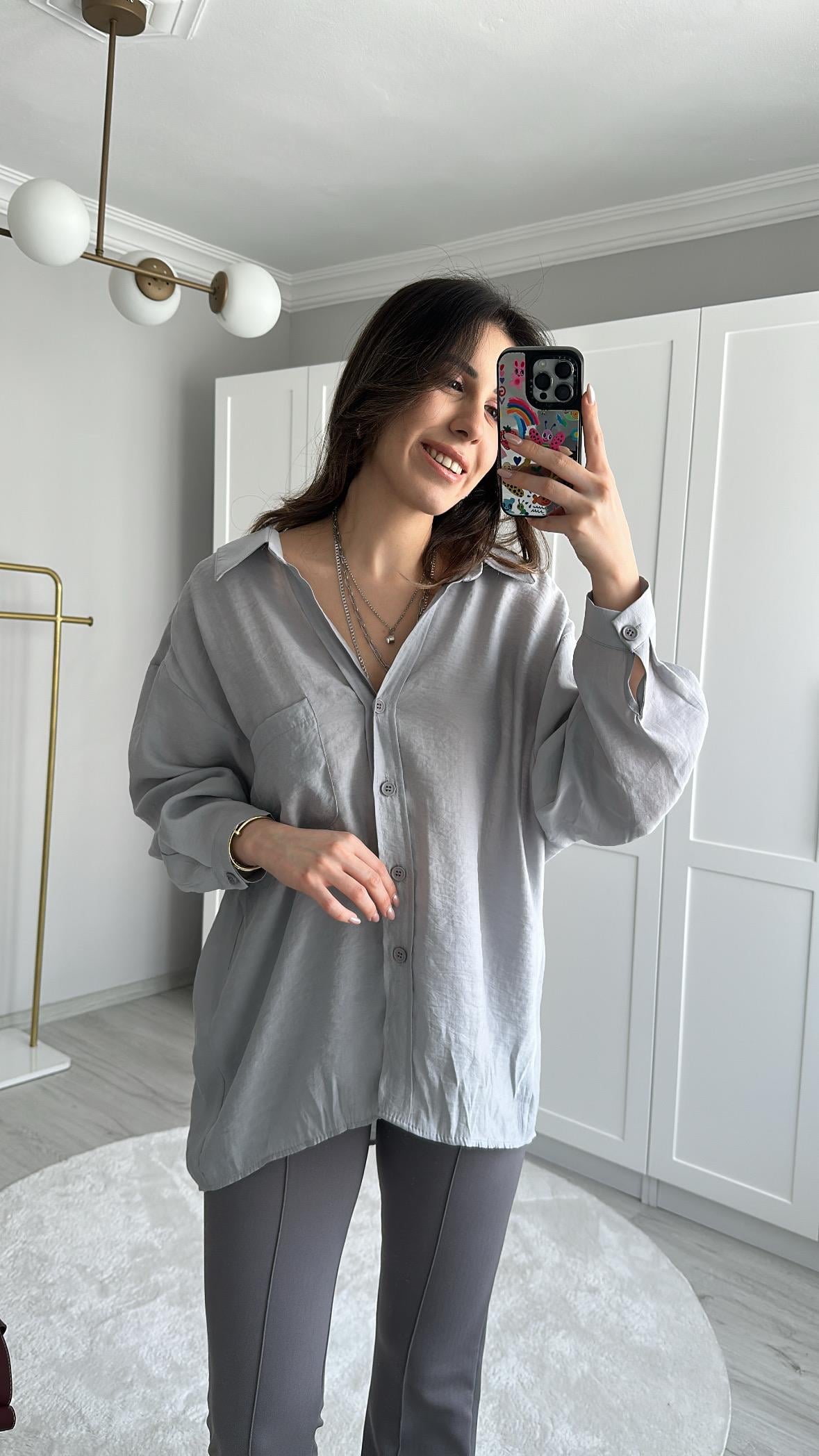 TENSEL KUMAŞ OVERSİZE GRİ GÖMLEK