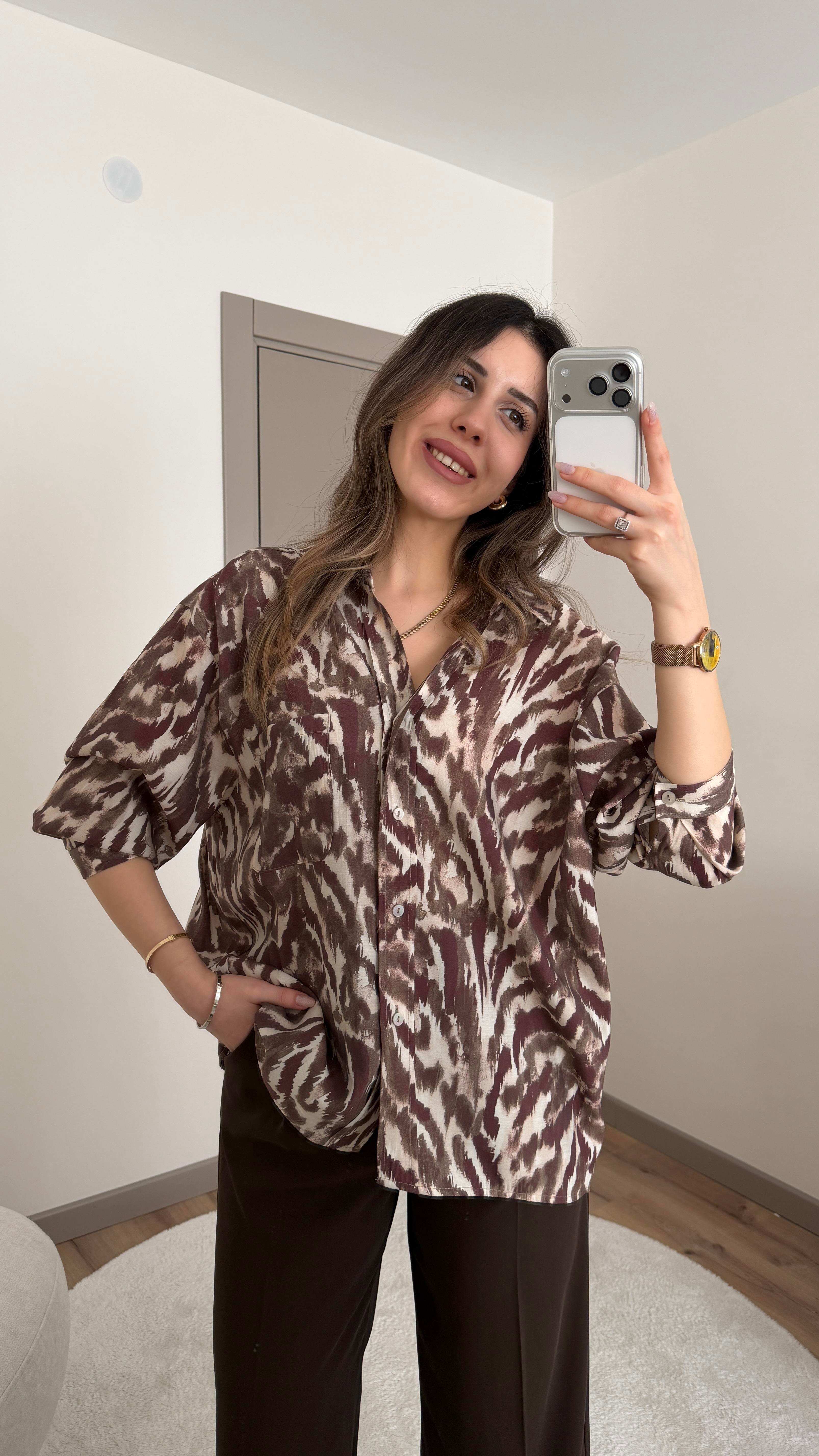 TENSEL KUMAŞ OVERSİZE KAHVE DESENLİ GÖMLEK