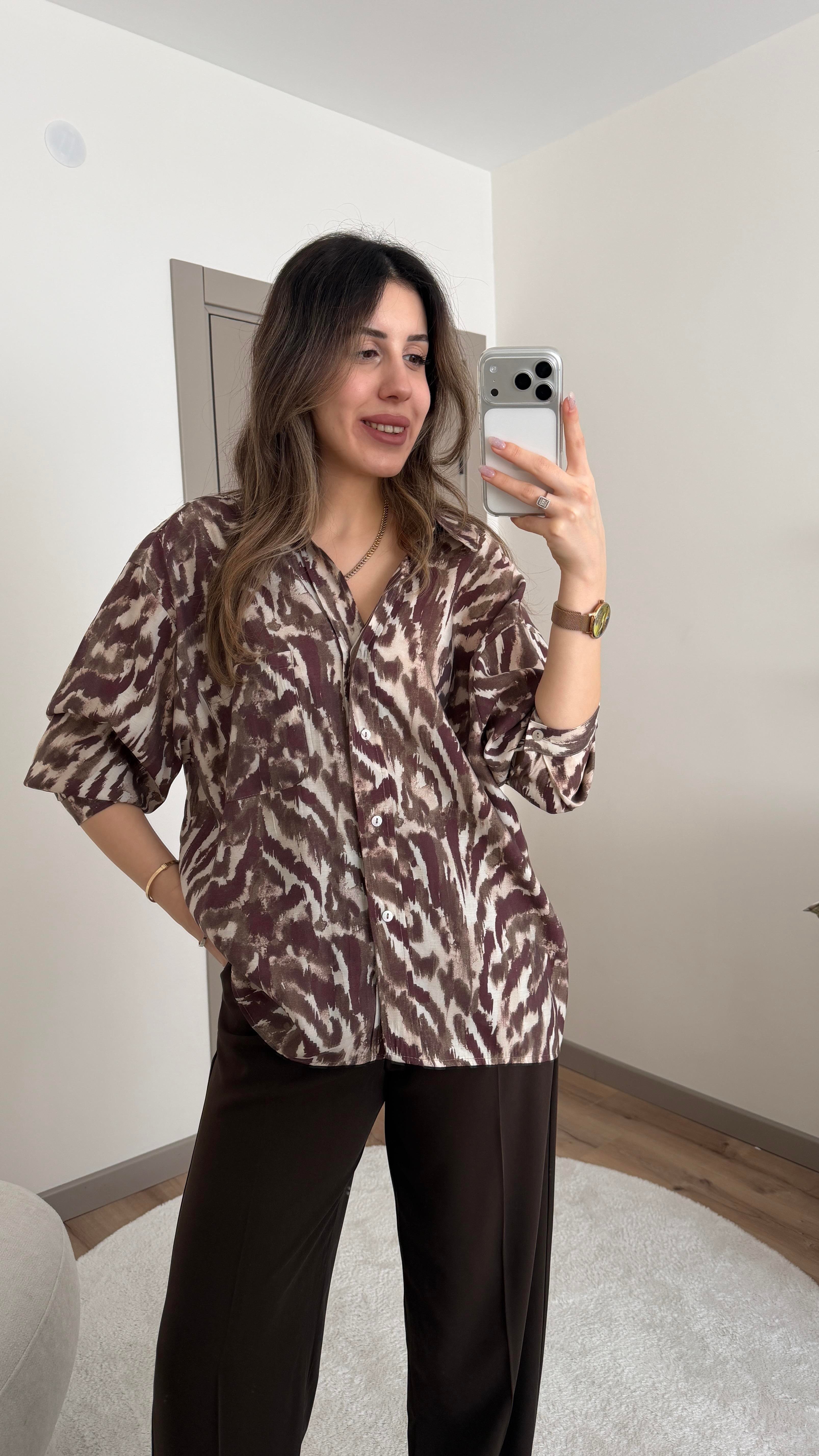TENSEL KUMAŞ OVERSİZE KAHVE DESENLİ GÖMLEK