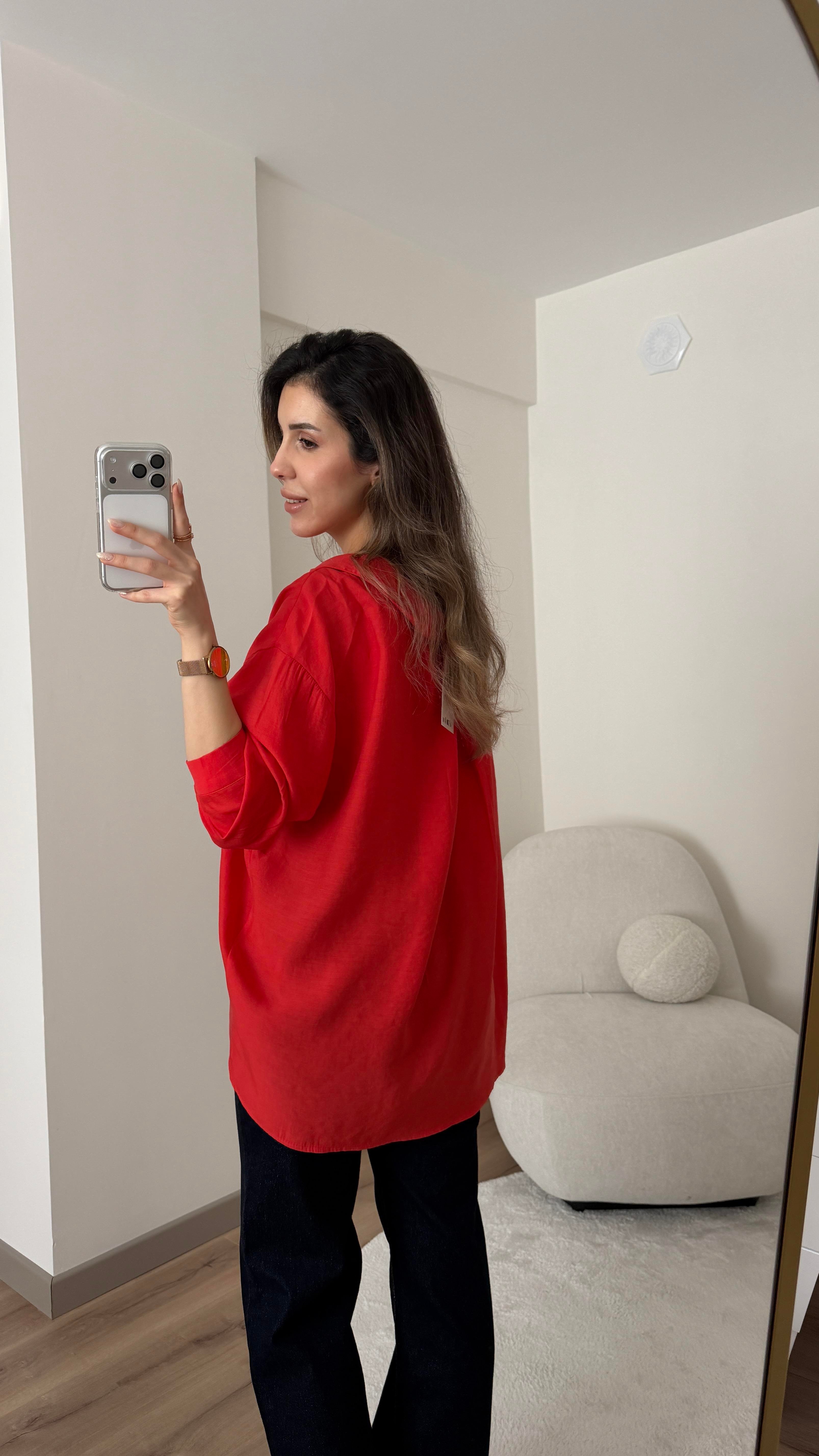 TENSEL KUMAŞ OVERSİZE KIRMIZI GÖMLEK