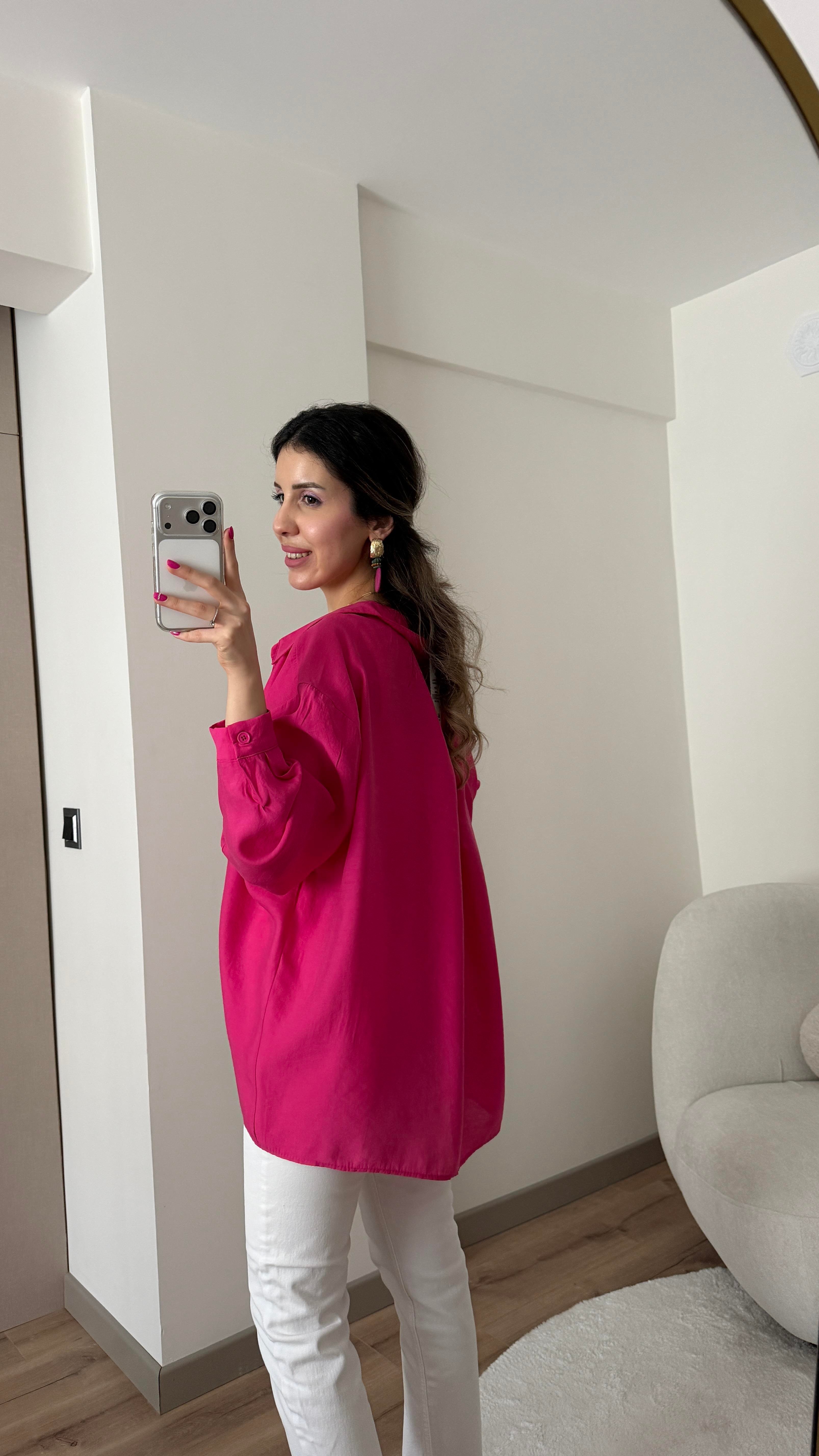 TENSEL KUMAŞ OVERSİZE KOYU PEMBE GÖMLEK
