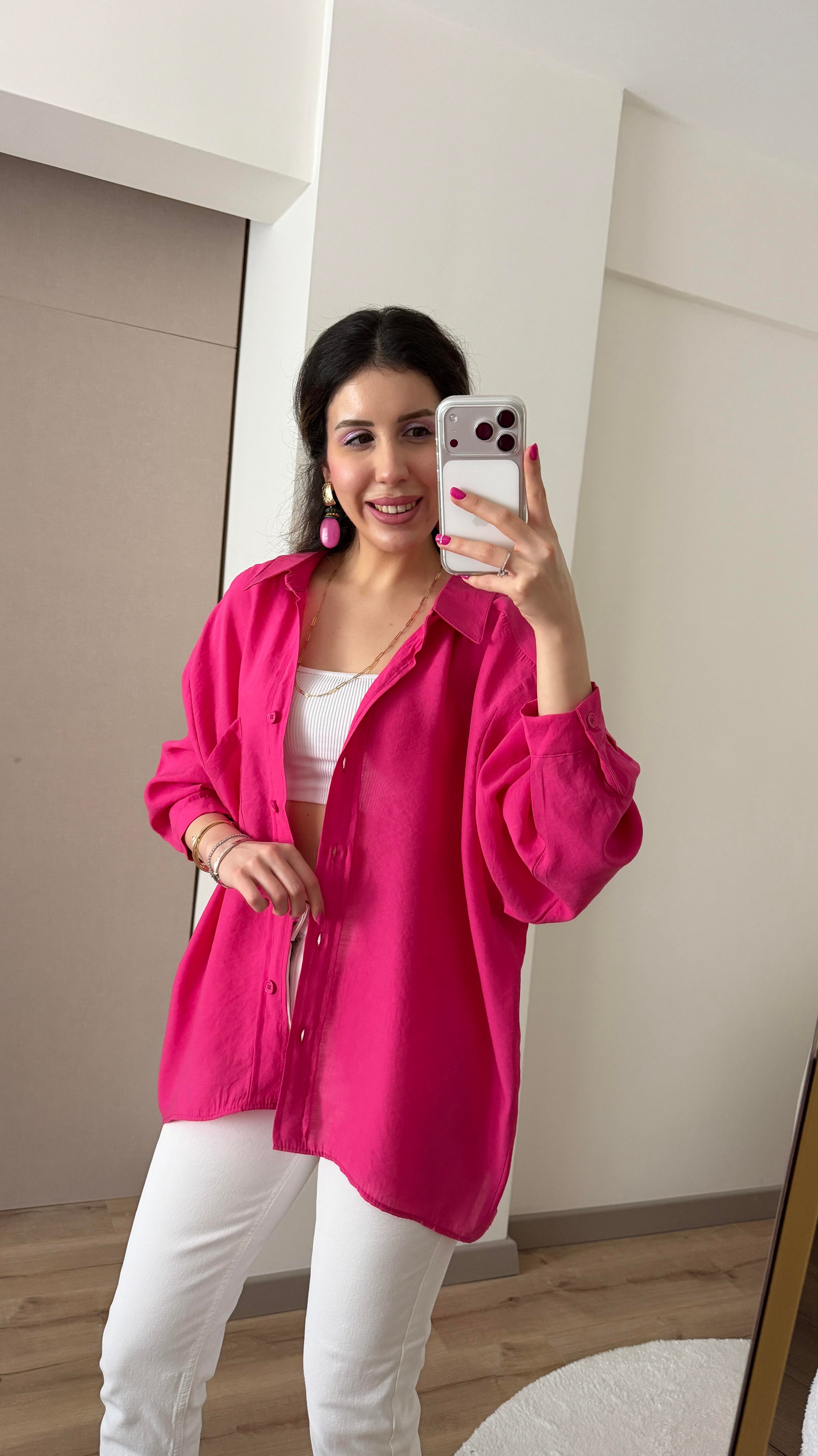 TENSEL KUMAŞ OVERSİZE KOYU PEMBE GÖMLEK