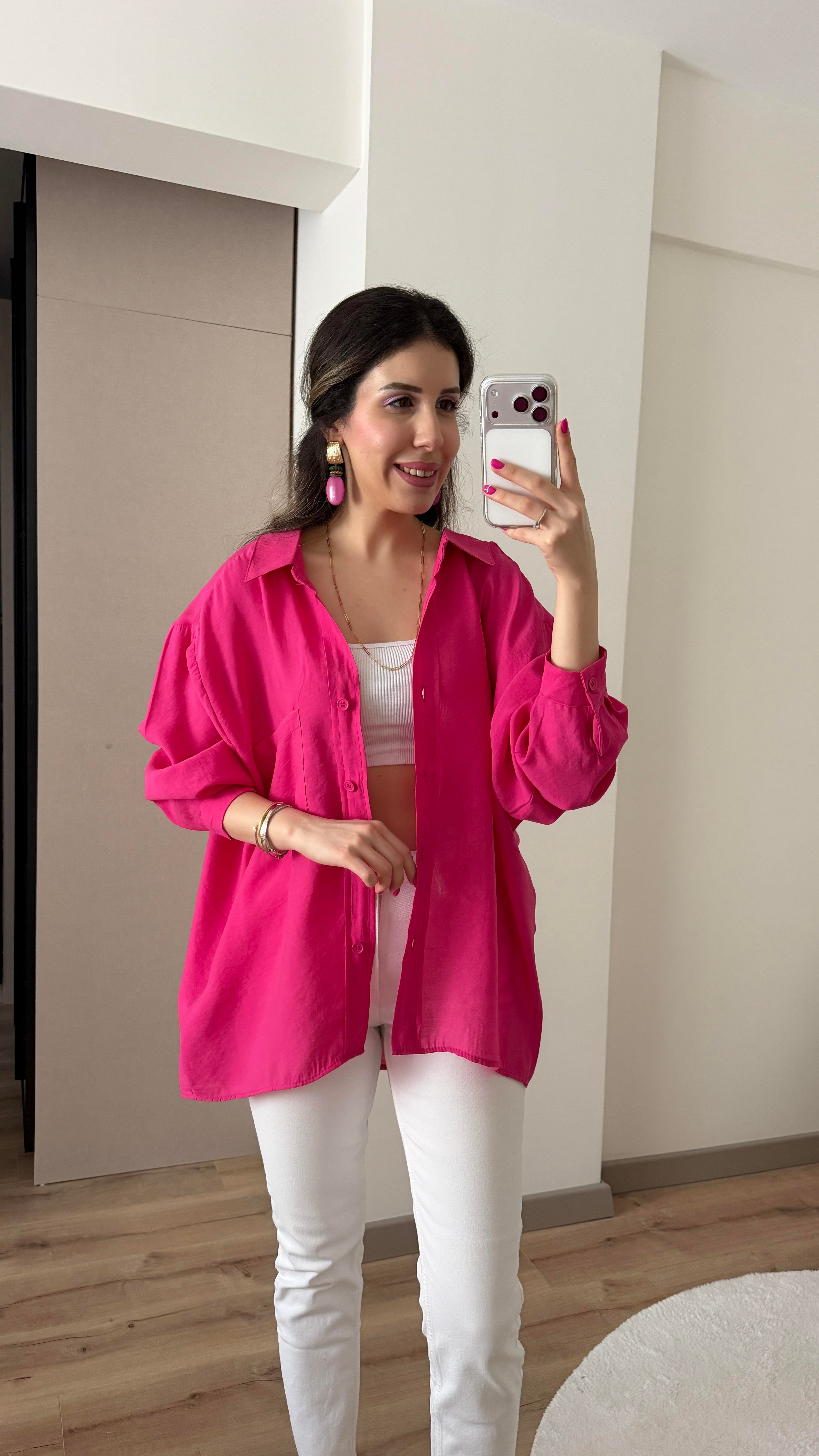 TENSEL KUMAŞ OVERSİZE KOYU PEMBE GÖMLEK