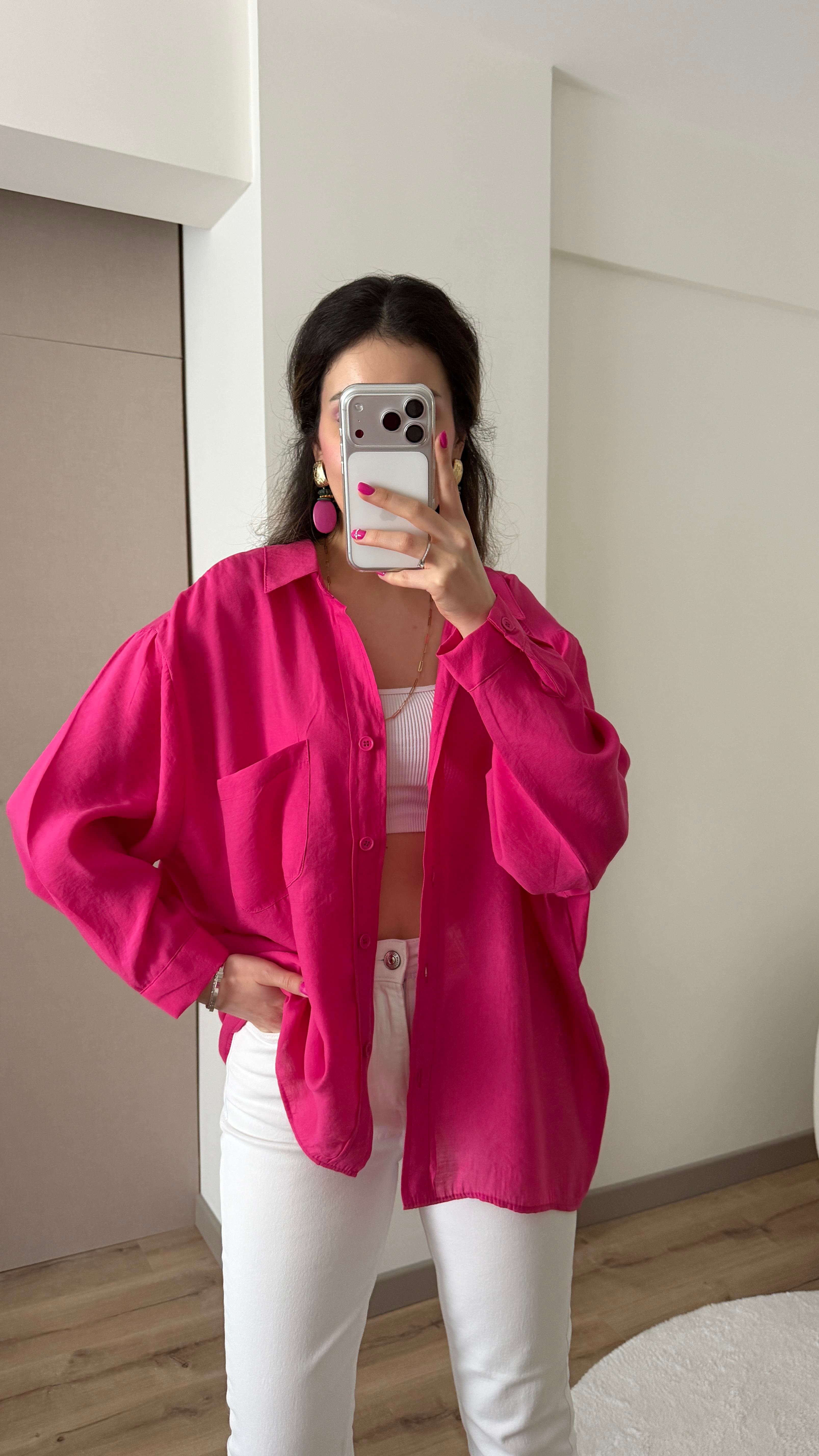 TENSEL KUMAŞ OVERSİZE KOYU PEMBE GÖMLEK