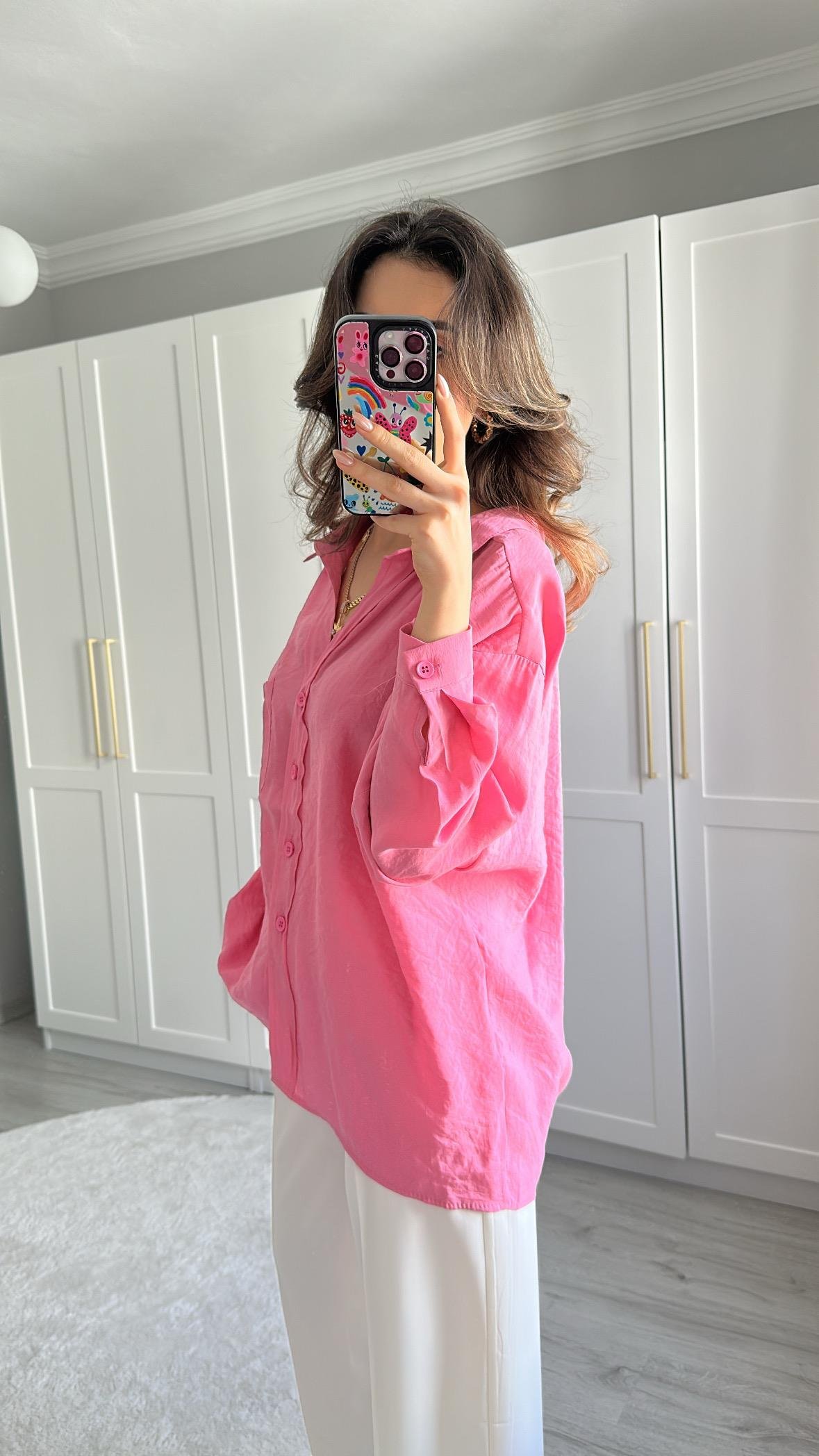 TENSEL KUMAŞ OVERSİZE PEMBE GÖMLEK