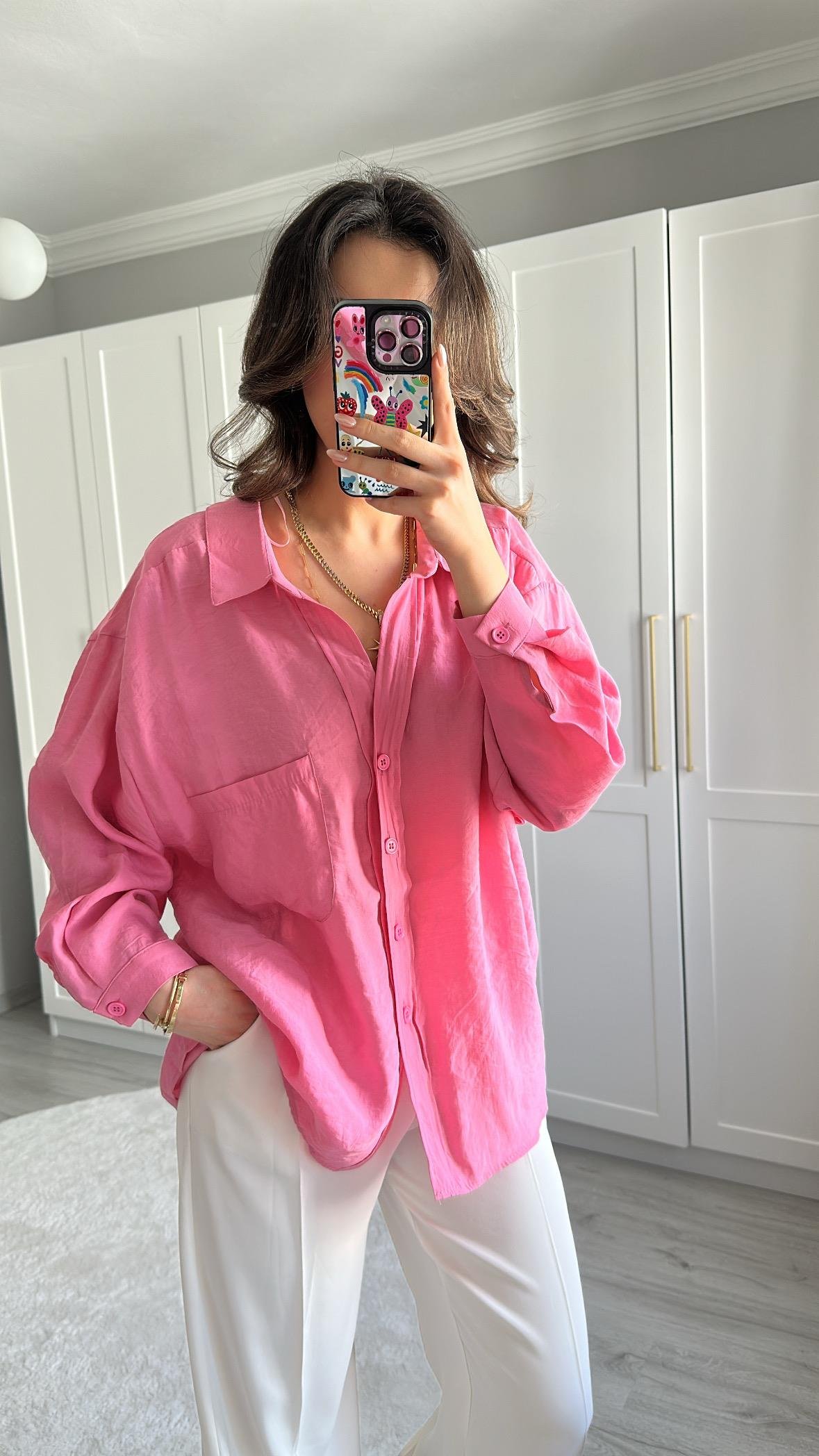 TENSEL KUMAŞ OVERSİZE PEMBE GÖMLEK