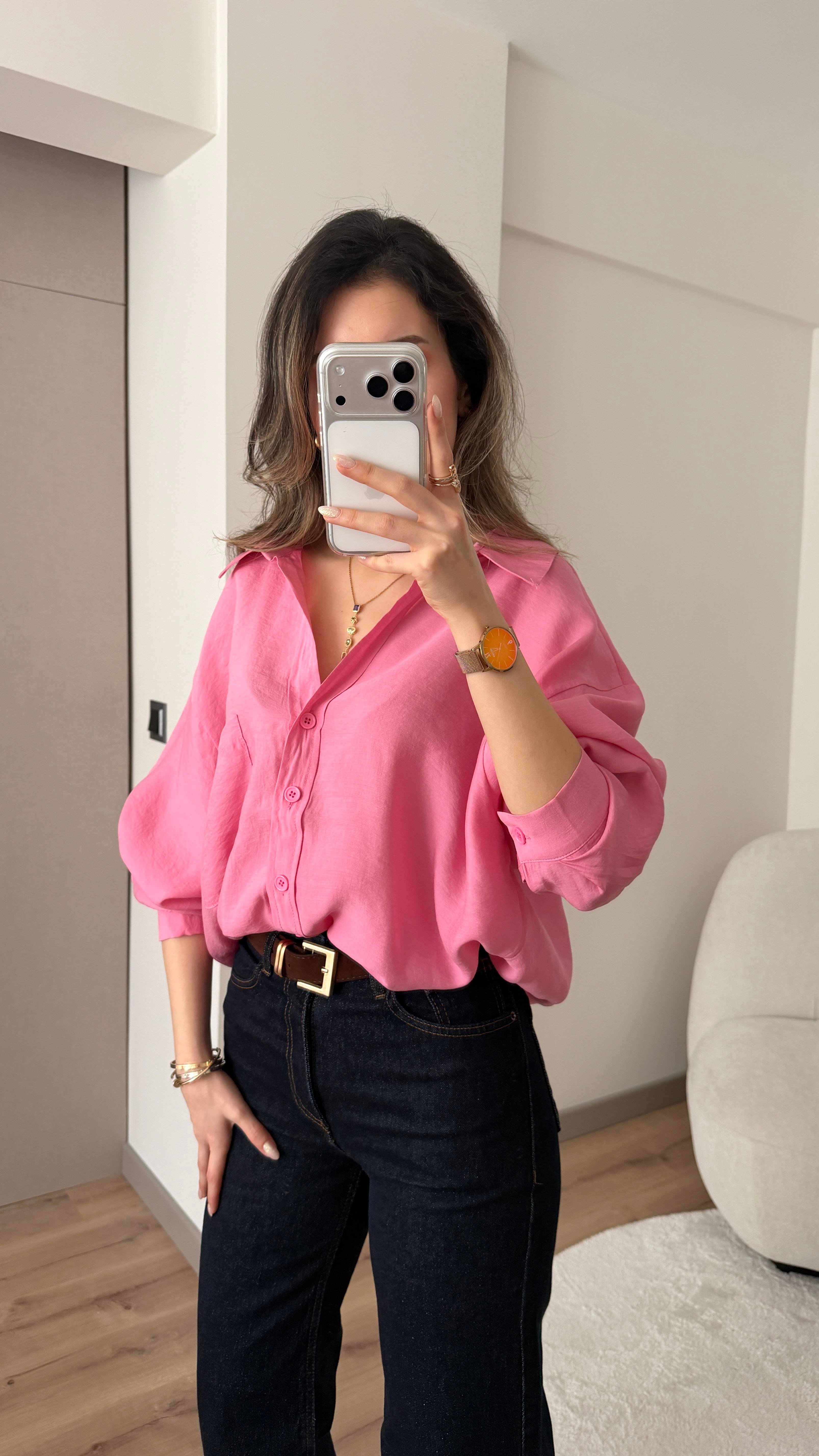 TENSEL KUMAŞ OVERSİZE PEMBE GÖMLEK