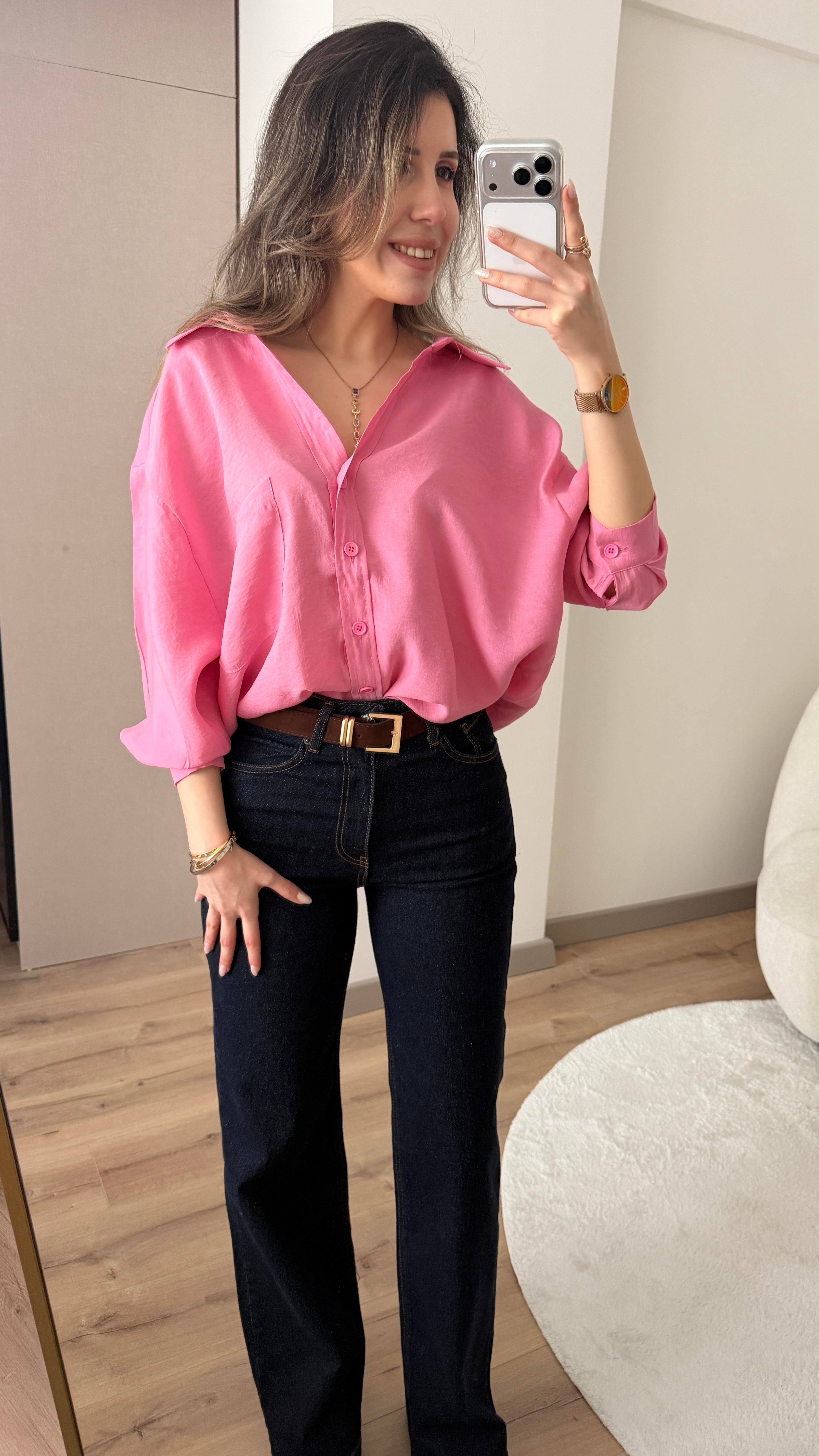 TENSEL KUMAŞ OVERSİZE PEMBE GÖMLEK
