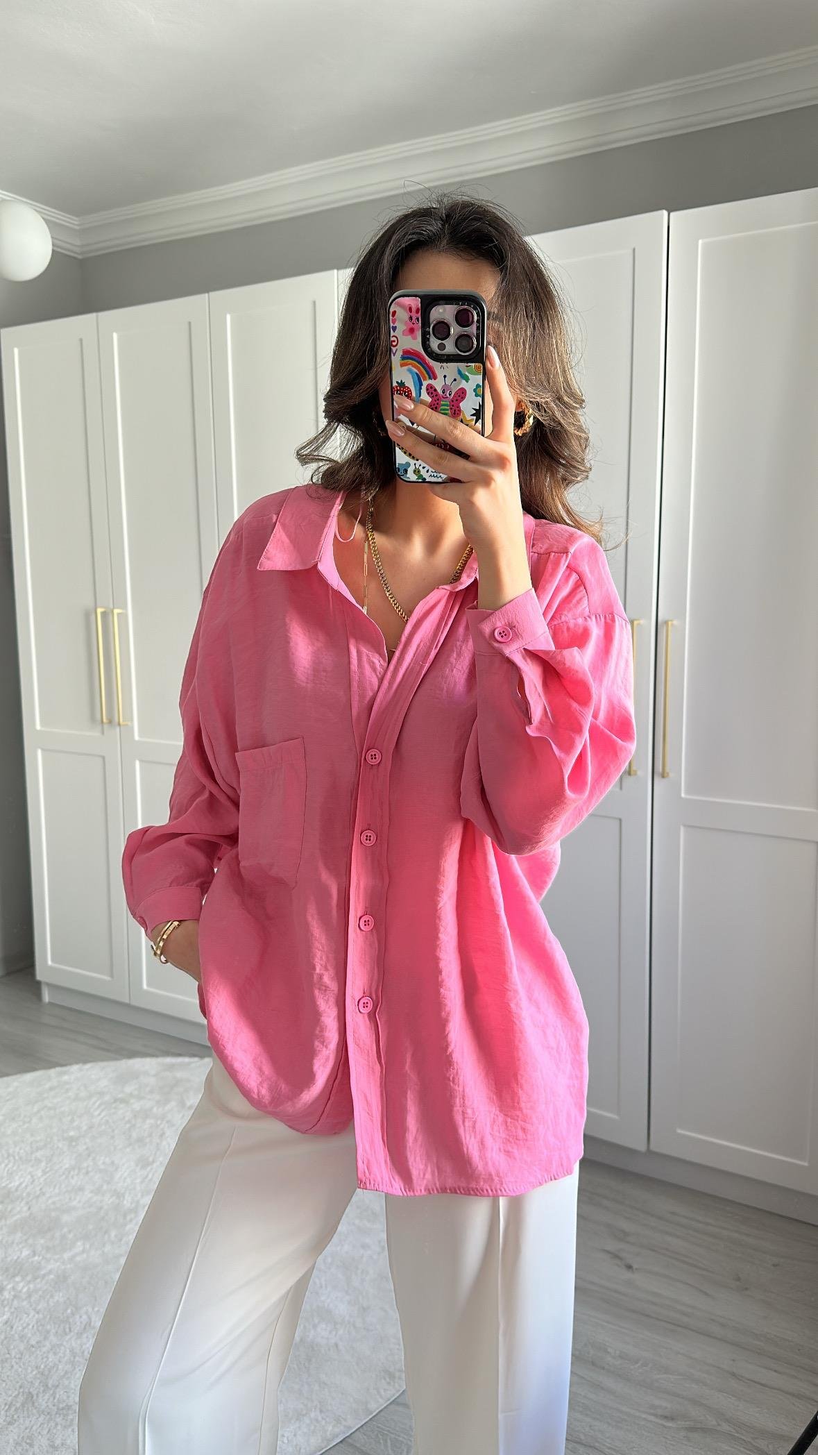 TENSEL KUMAŞ OVERSİZE PEMBE GÖMLEK