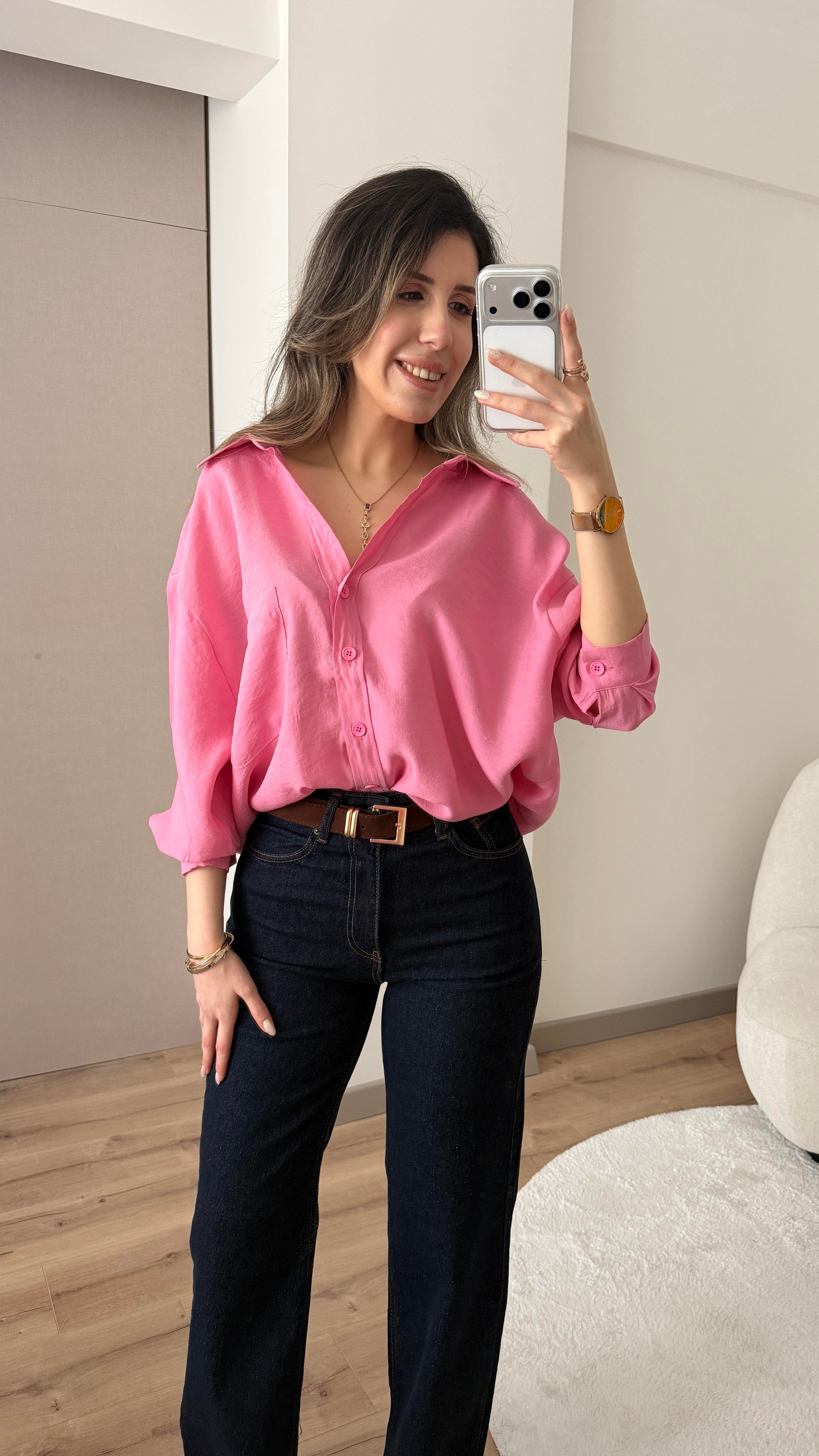 TENSEL KUMAŞ OVERSİZE PEMBE GÖMLEK