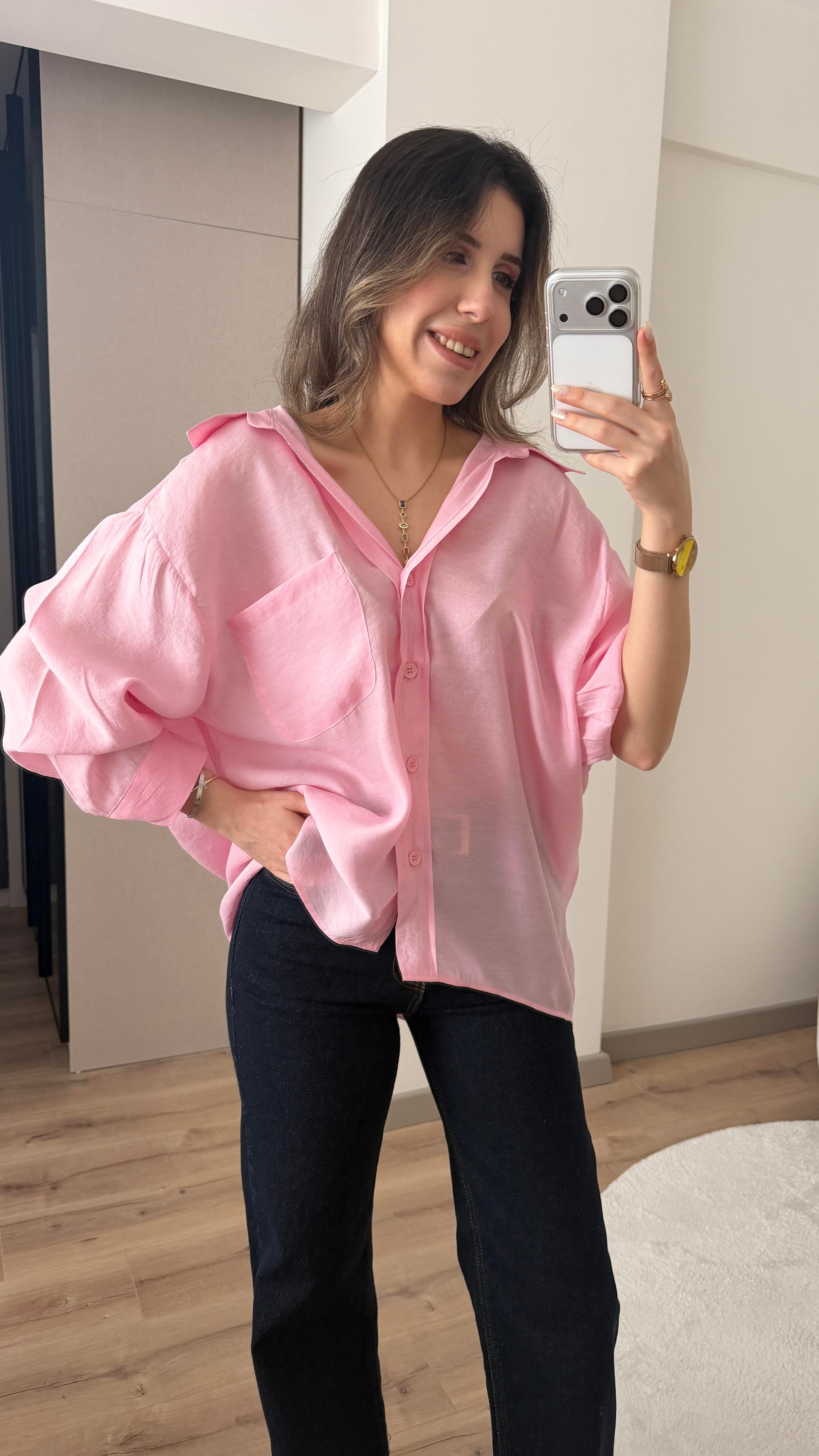 TENSEL KUMAŞ OVERSİZE TOZ PEMBE GÖMLEK