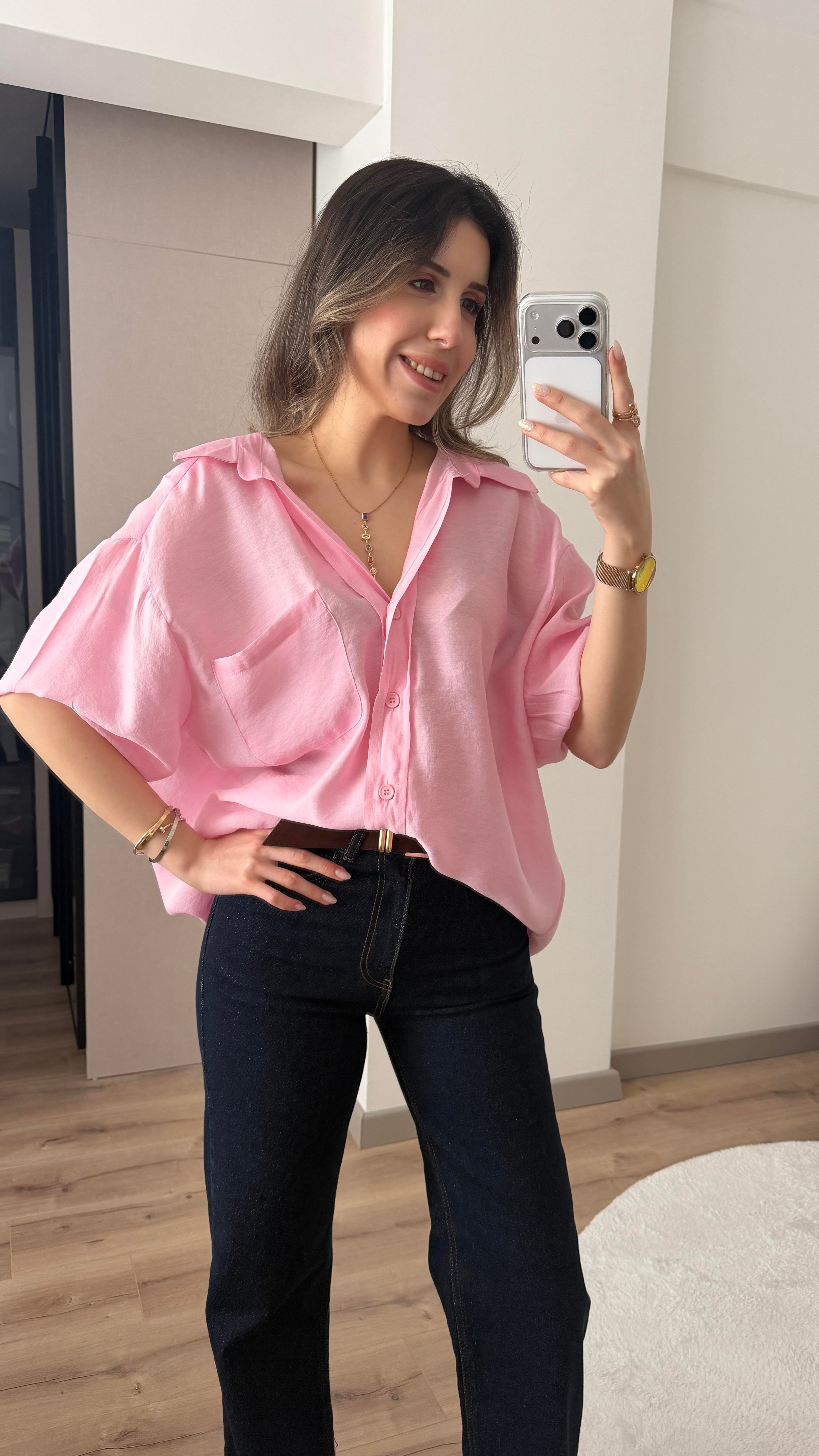 TENSEL KUMAŞ OVERSİZE TOZ PEMBE GÖMLEK