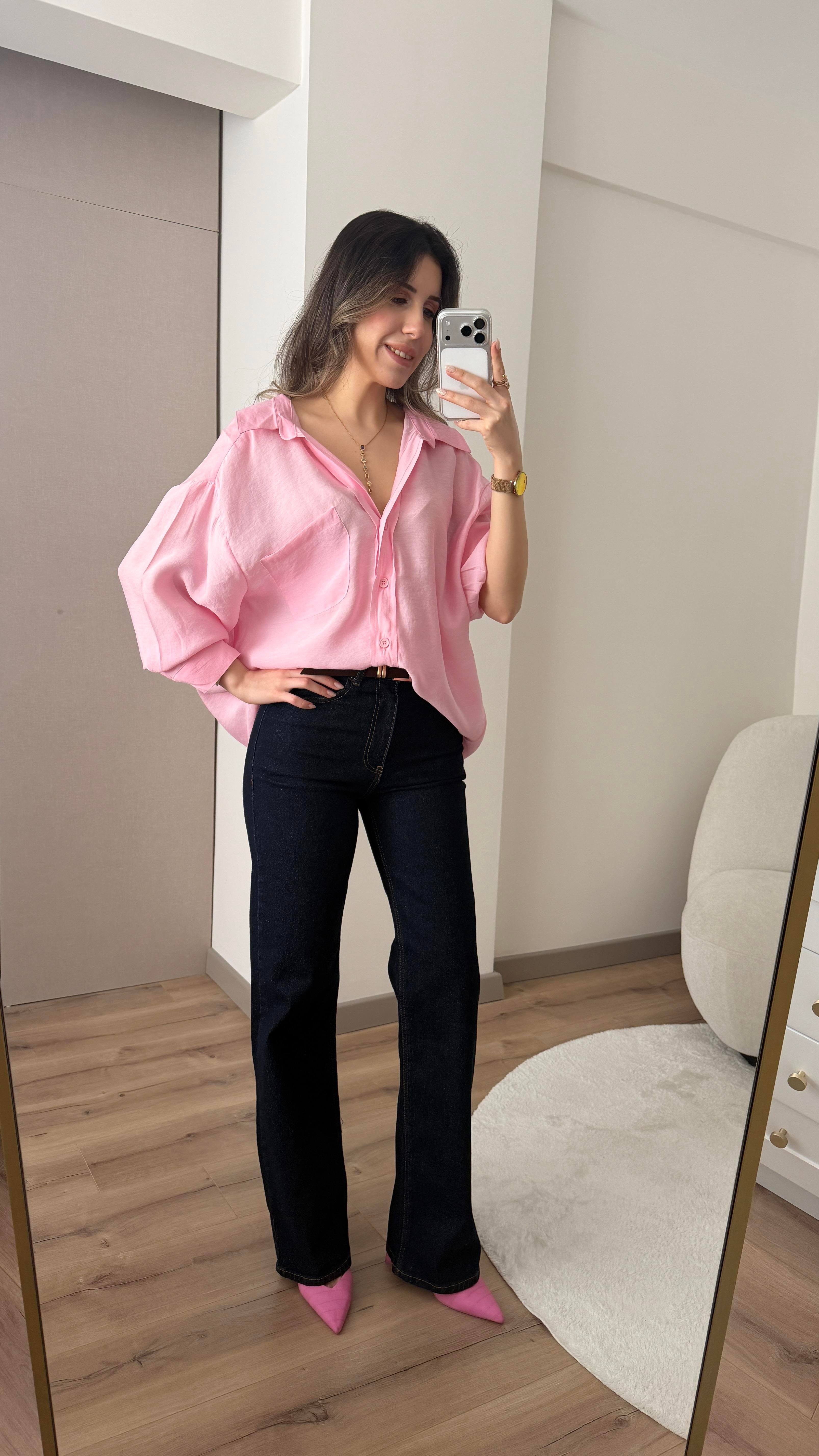 TENSEL KUMAŞ OVERSİZE TOZ PEMBE GÖMLEK