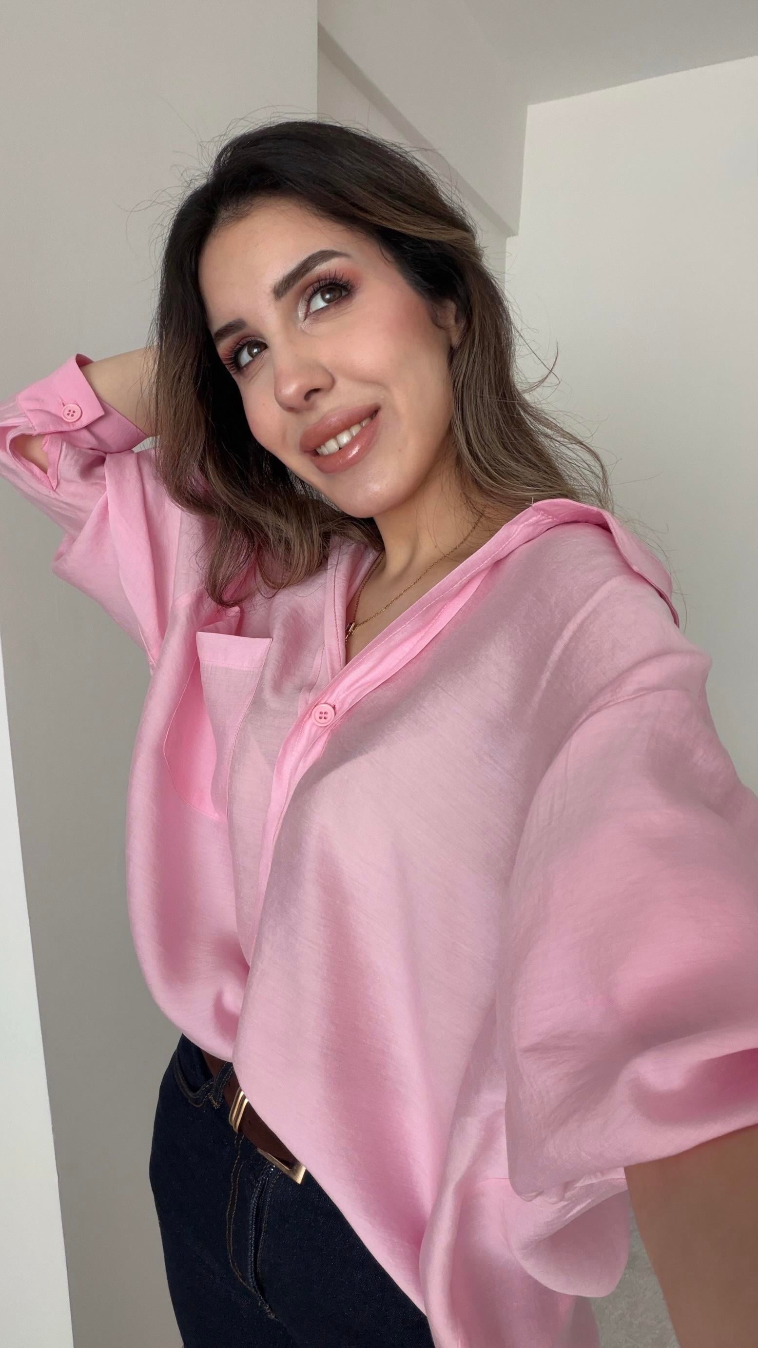 TENSEL KUMAŞ OVERSİZE TOZ PEMBE GÖMLEK