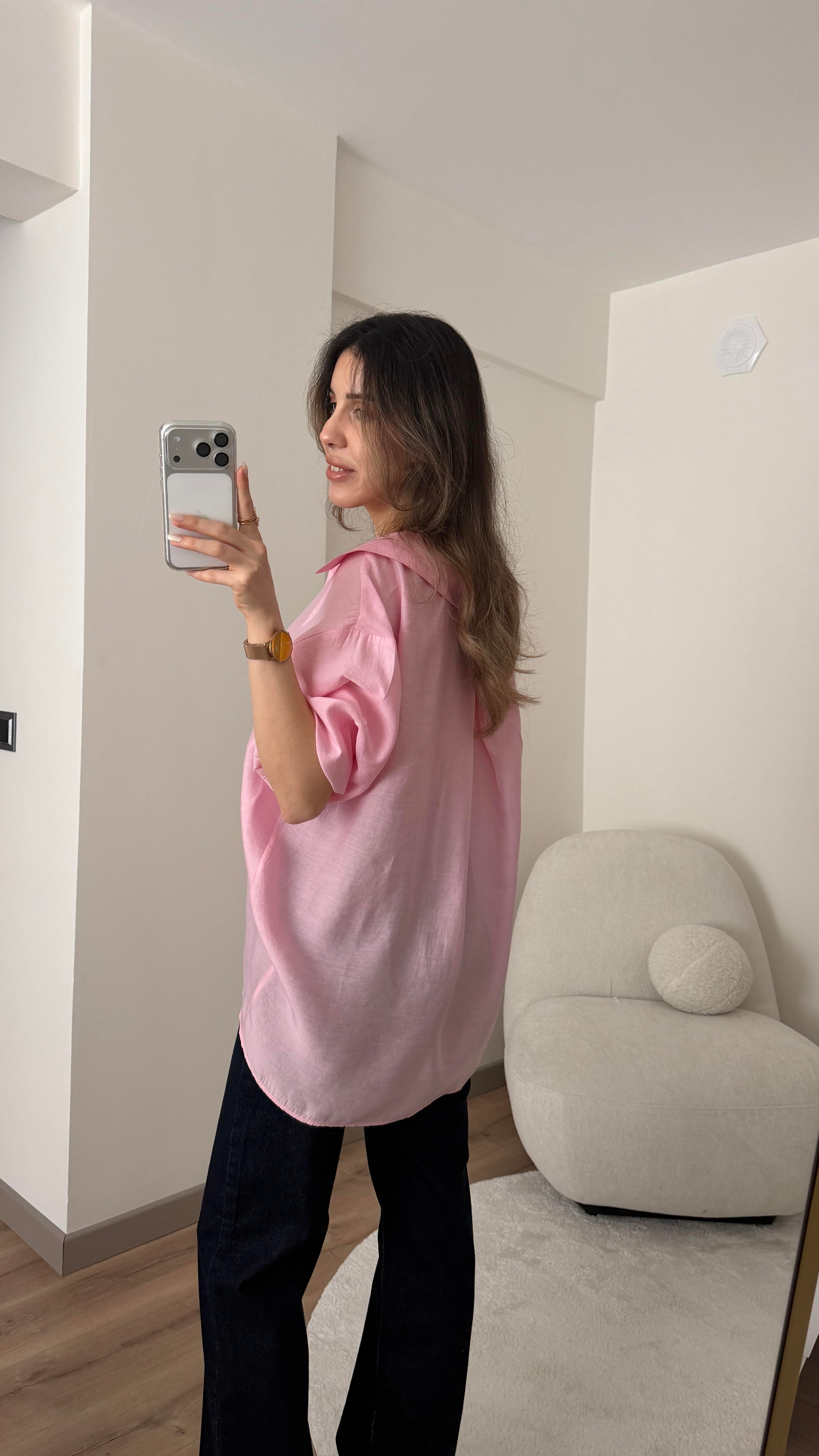 TENSEL KUMAŞ OVERSİZE TOZ PEMBE GÖMLEK