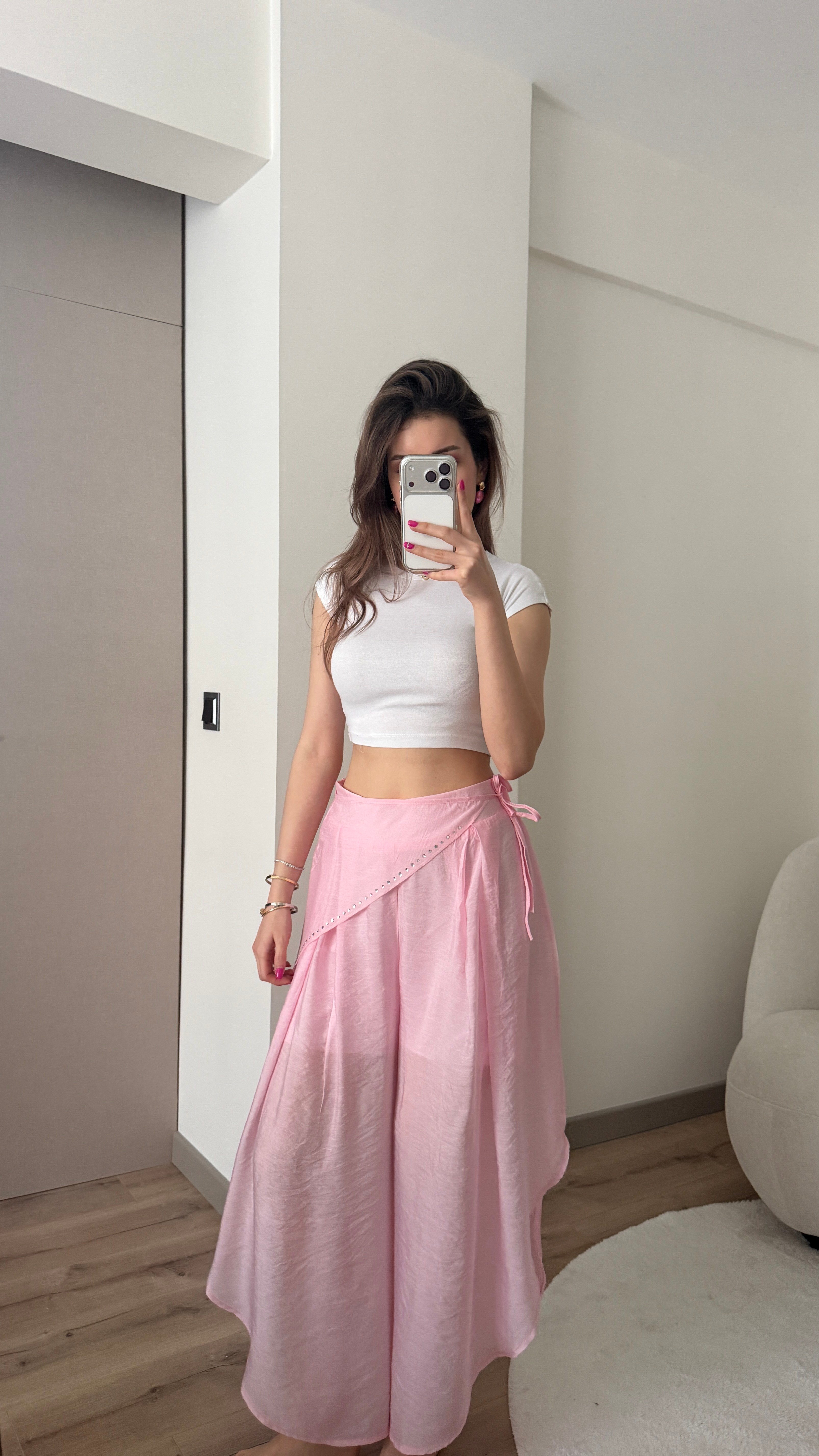 TENSEL KUMAŞ PEMBE MANİFESTT PANTOLON