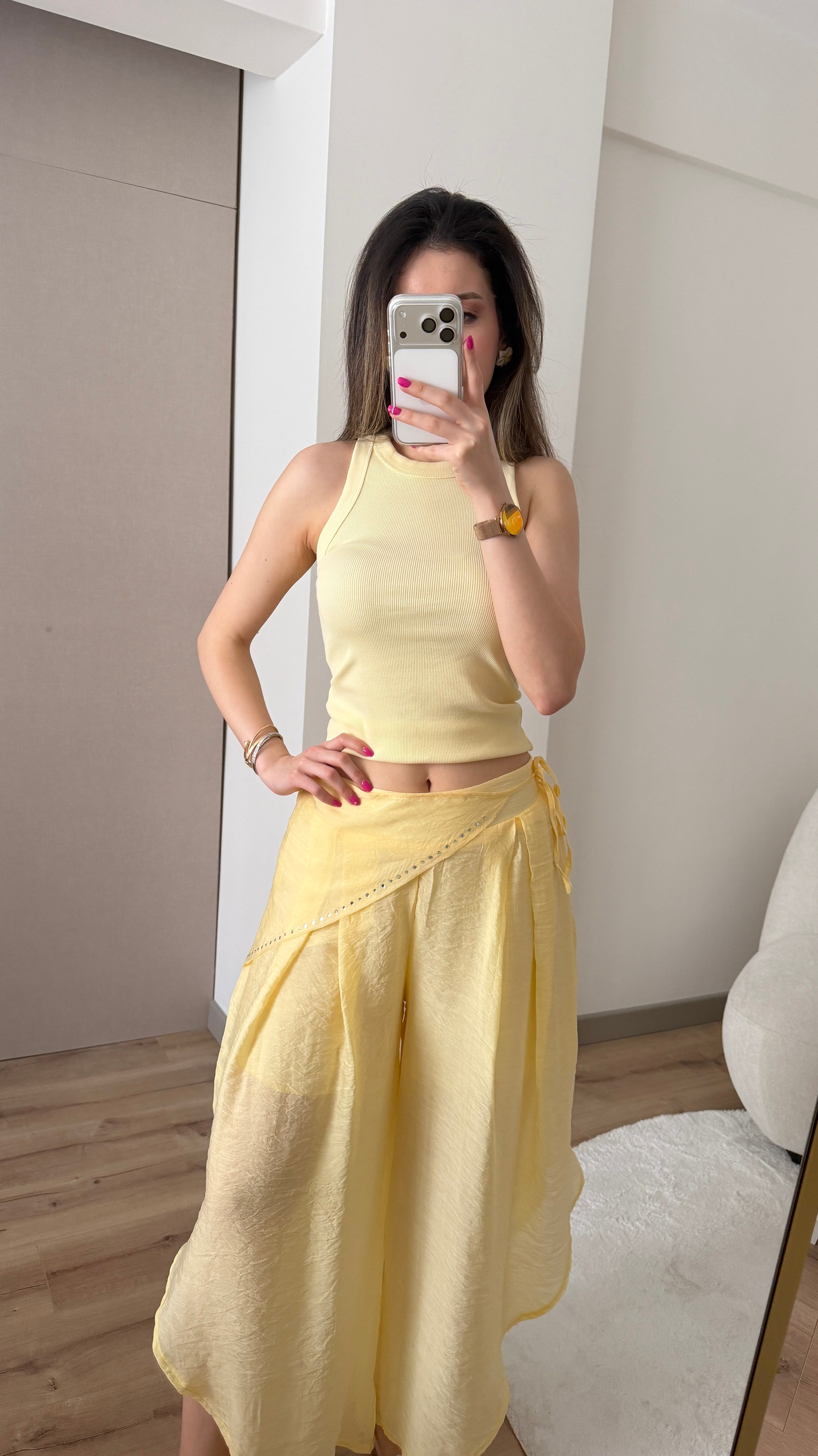 TENSEL KUMAŞ SARI MANİFESTT PANTOLON