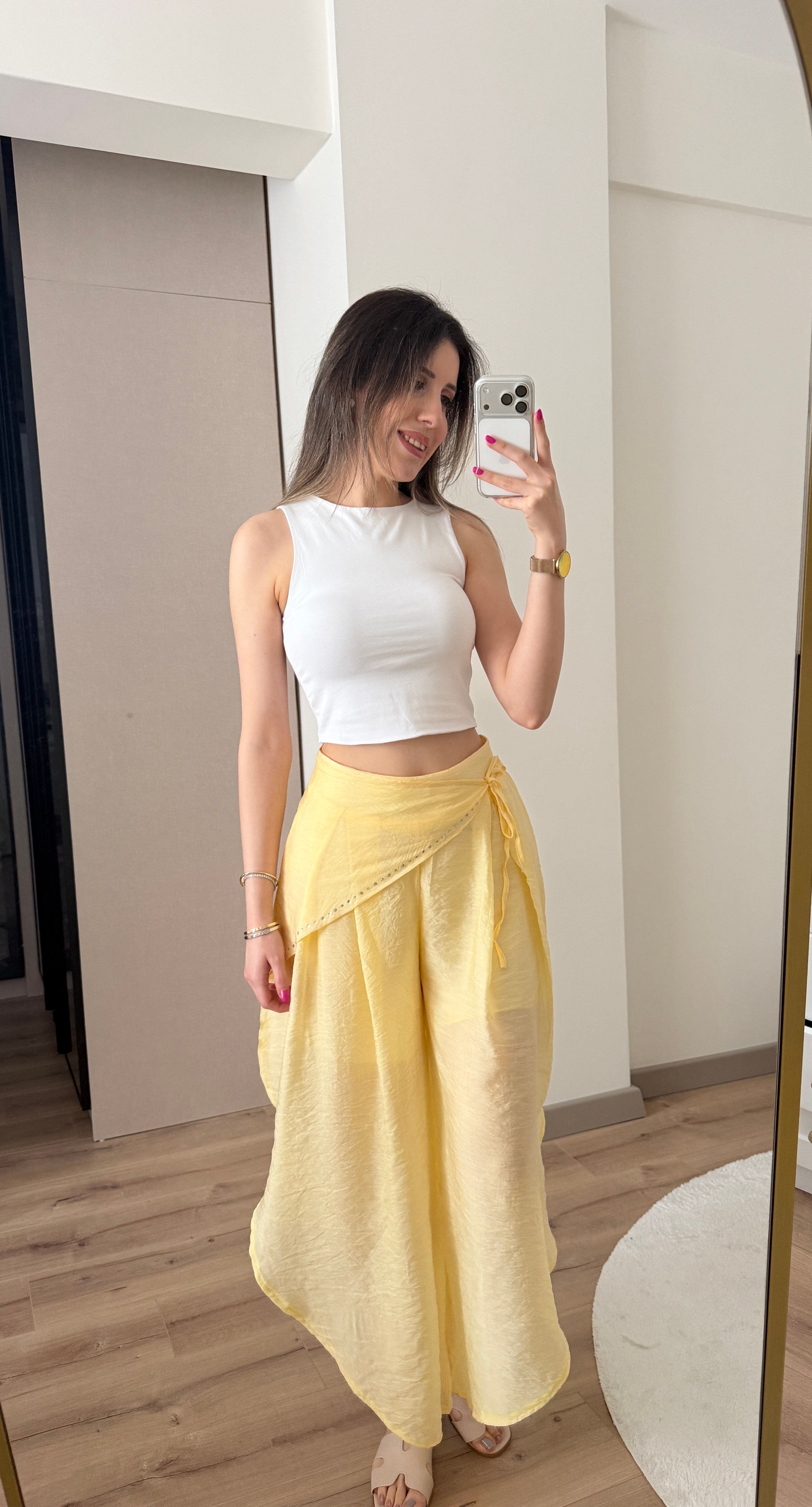 TENSEL KUMAŞ SARI MANİFESTT PANTOLON