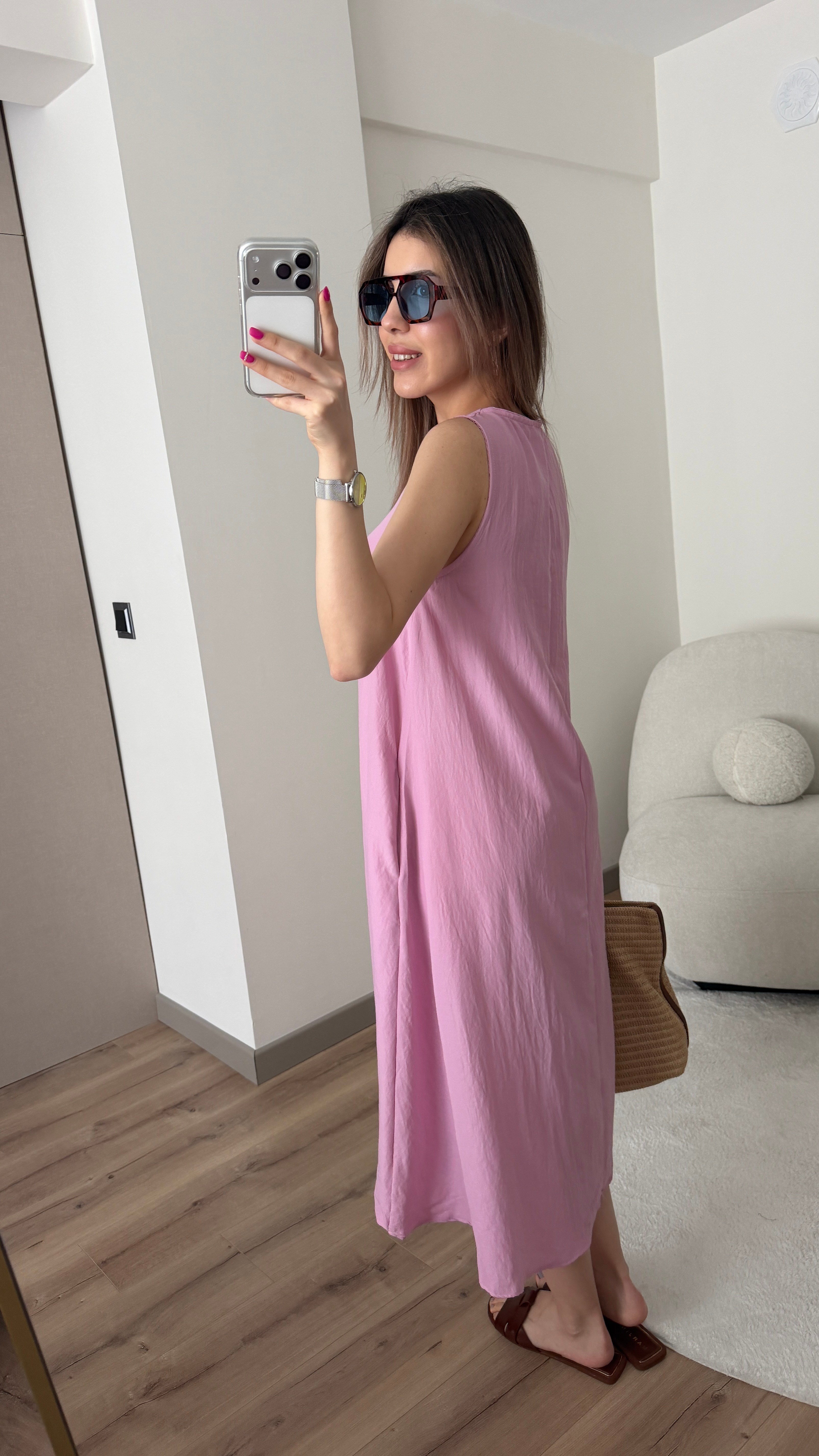 TENSEL KUMAŞ V YAKA PEMBE ELBİSE