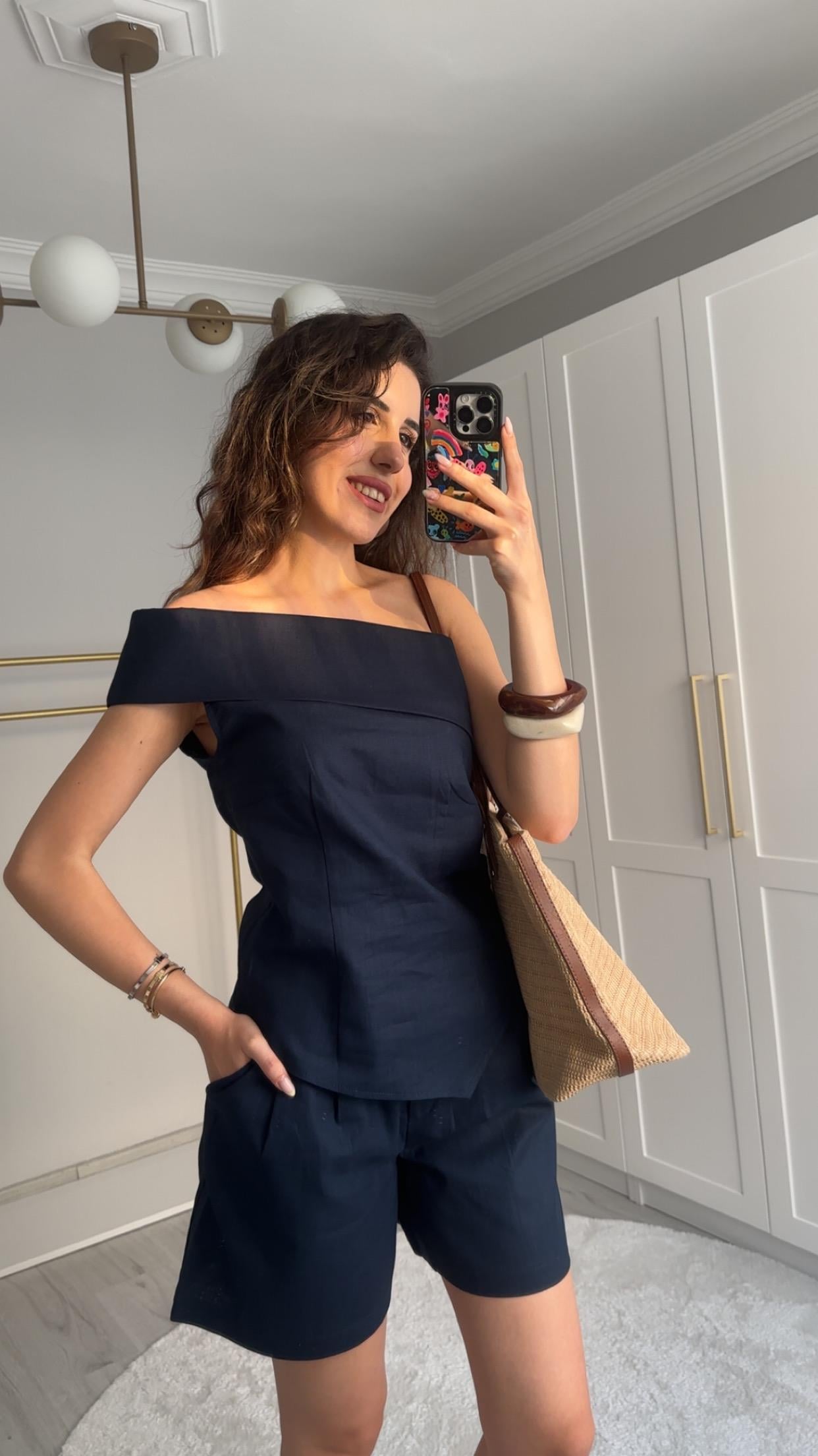 YAKA DETAYLI KETEN LACİVERT ŞORTLU TAKIM
