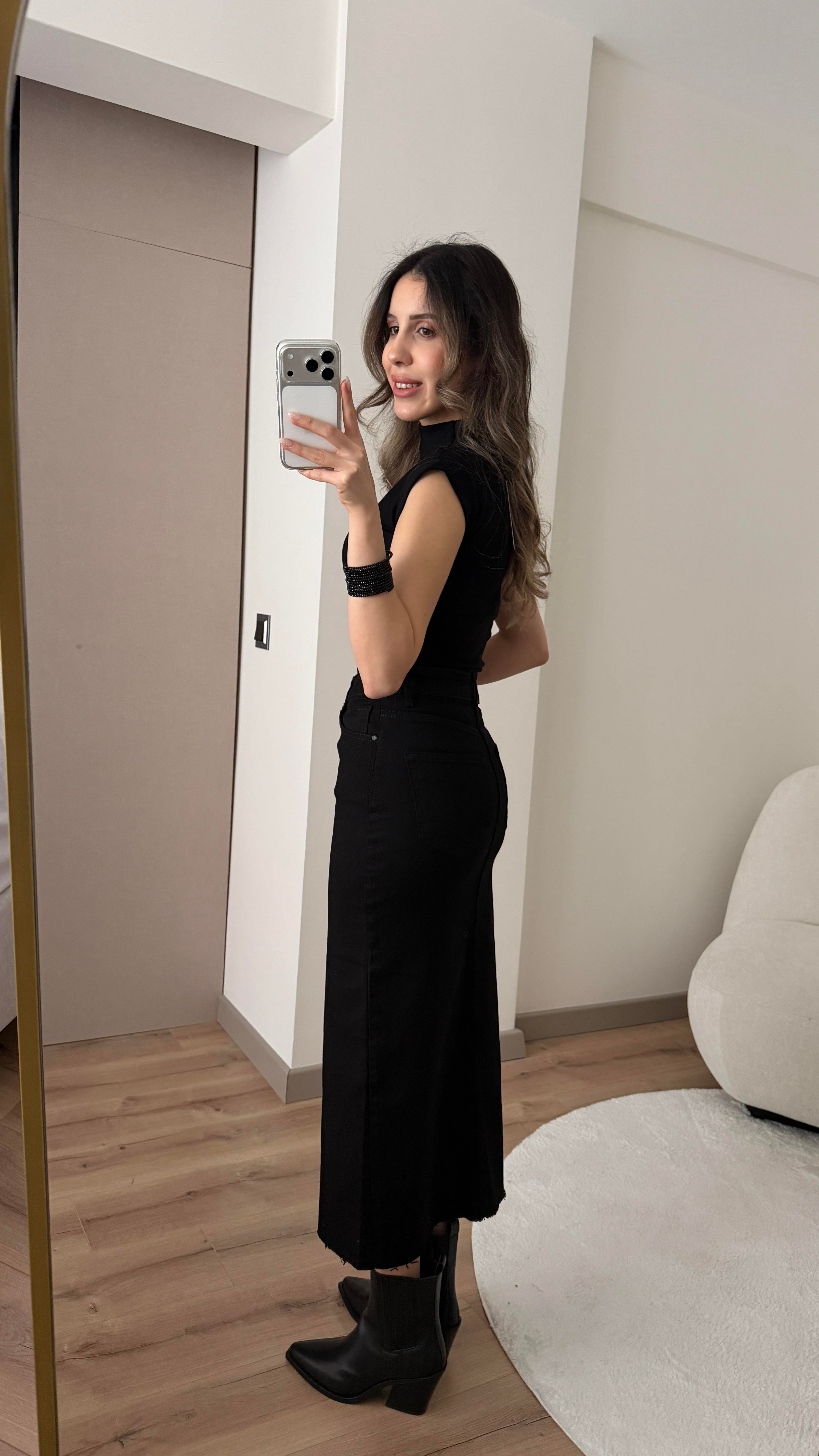 YIRTMAÇLI MİDİ SİYAH DENİM ETEK