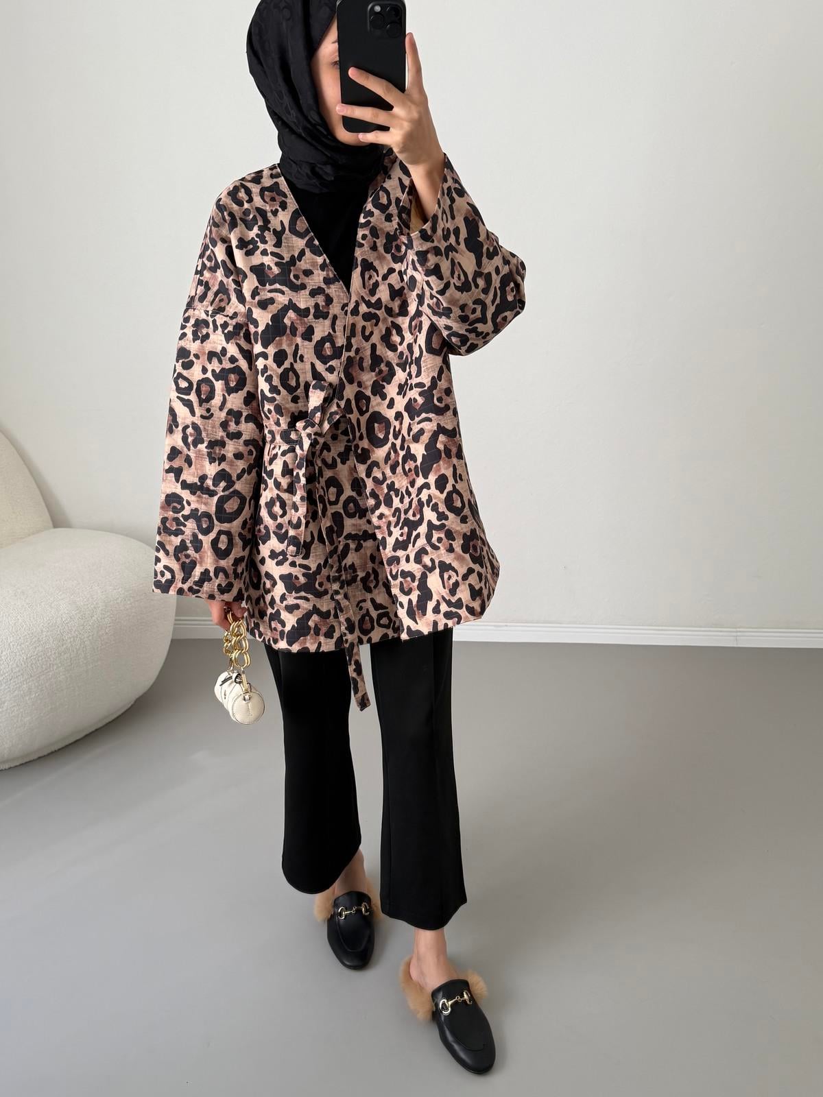 Bağlamalı Kapitone Ceket - Leopar