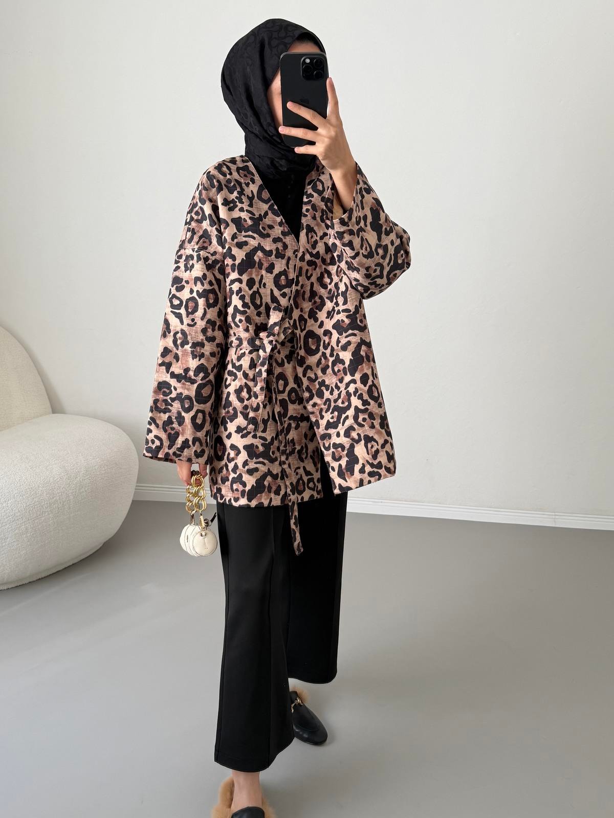 Bağlamalı Kapitone Ceket - Leopar