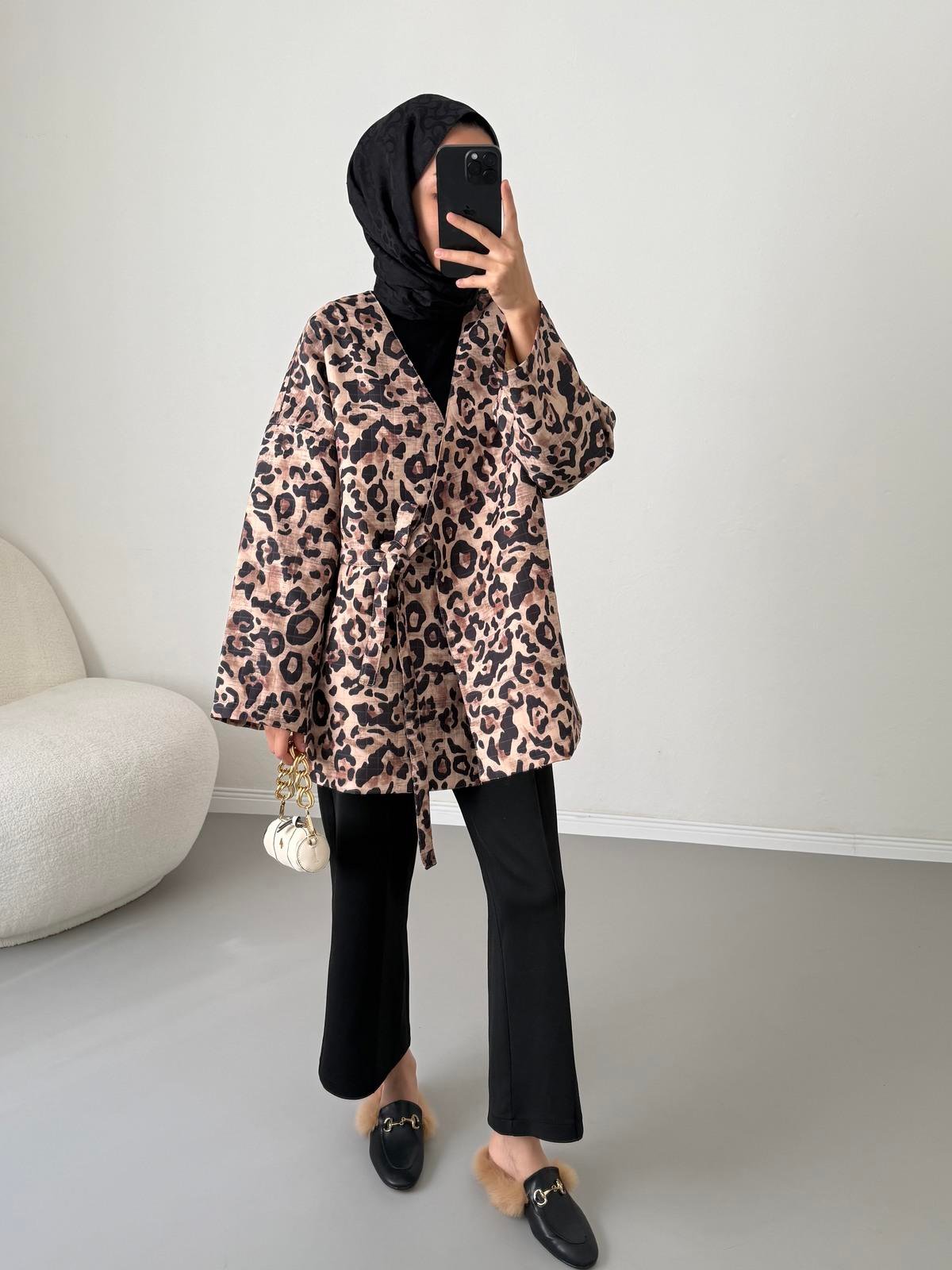 Bağlamalı Kapitone Ceket - Leopar