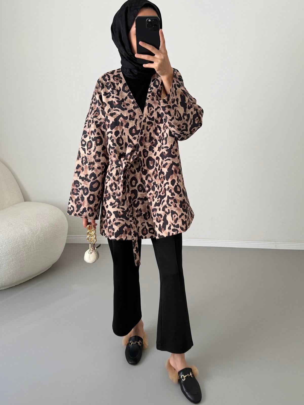 Bağlamalı Kapitone Ceket - Leopar