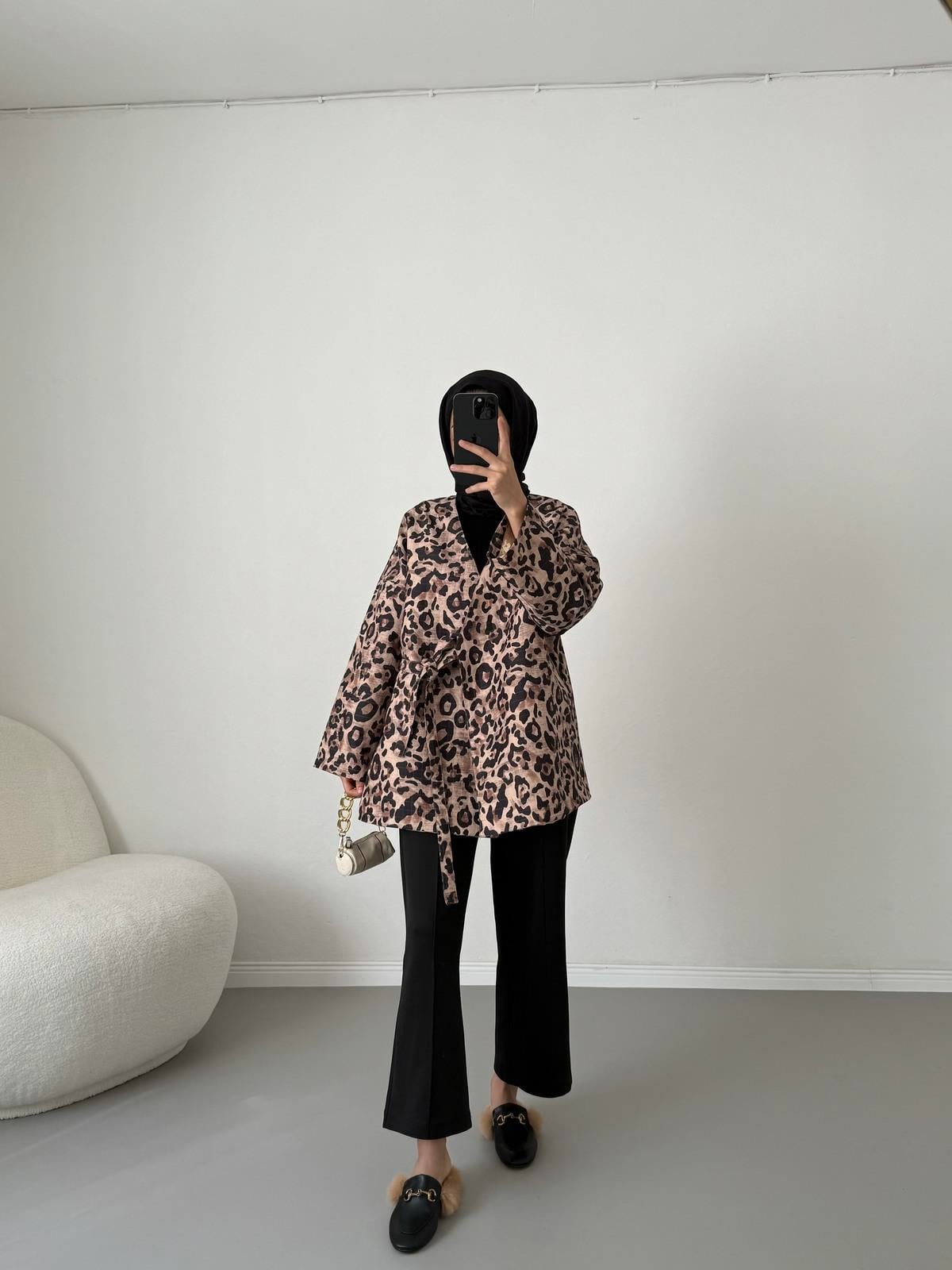 Bağlamalı Kapitone Ceket - Leopar