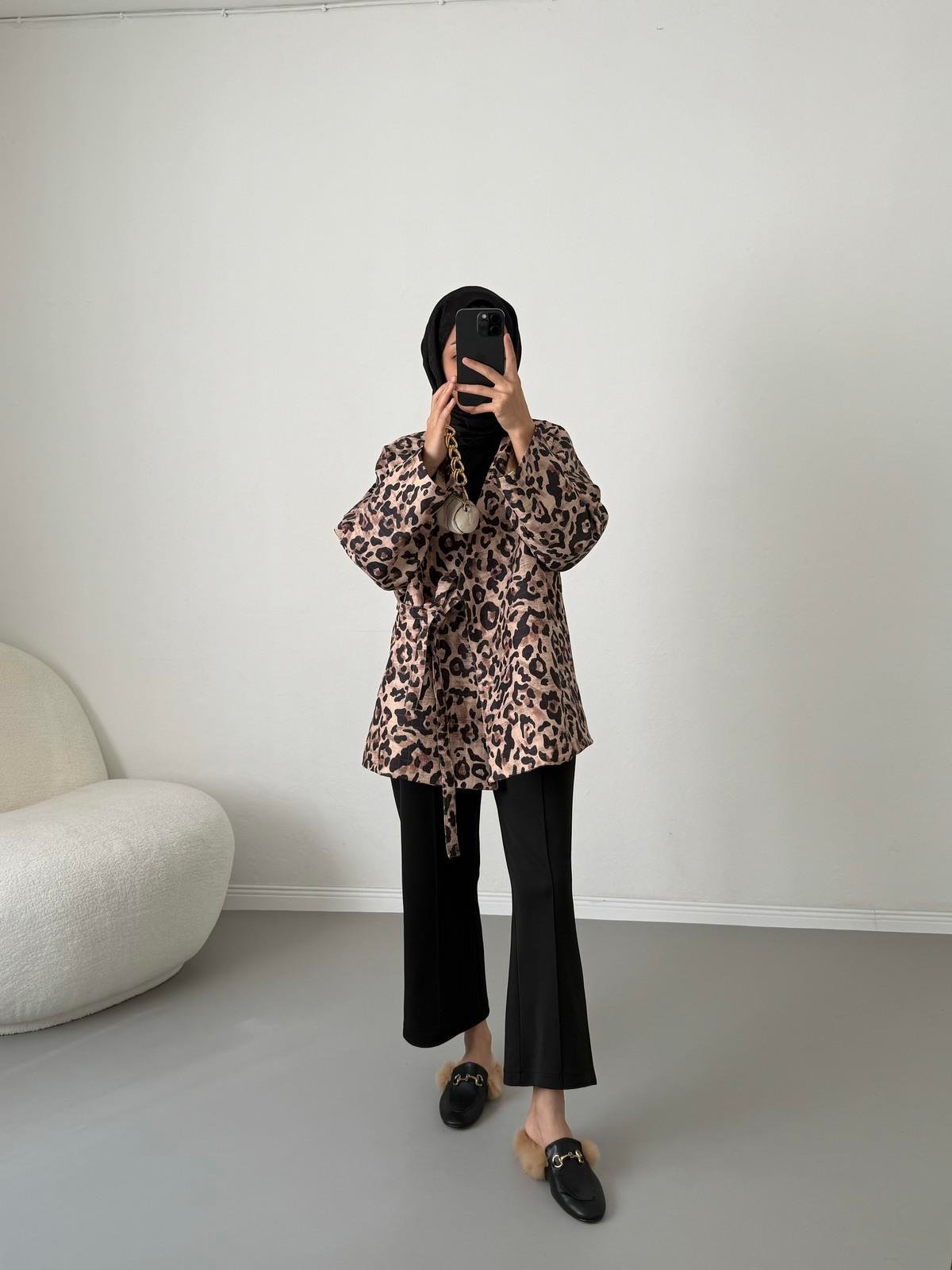 Bağlamalı Kapitone Ceket - Leopar